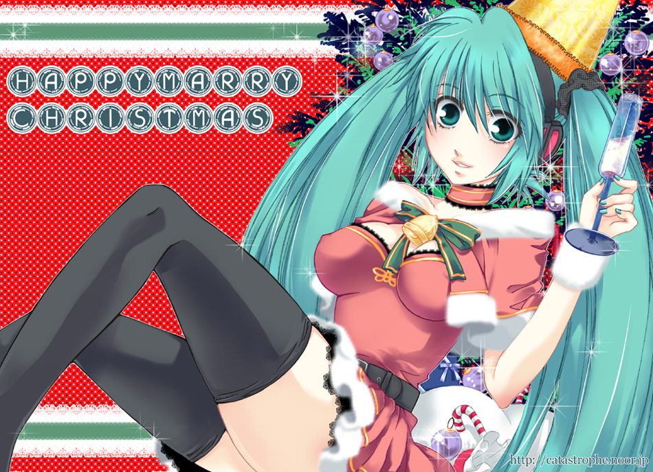 hirusawa hiro, hatsune miku, vocaloid, bad id, bad pixiv id, 1girl, aqua eyes, aqua hair, bell, belt, candy, candy cane, choker, christmas, christmas tree, cup, drinking glass, female focus, food, long hair, santa costume, solo, thighhighs, twintails, typo, zettai ryouiki