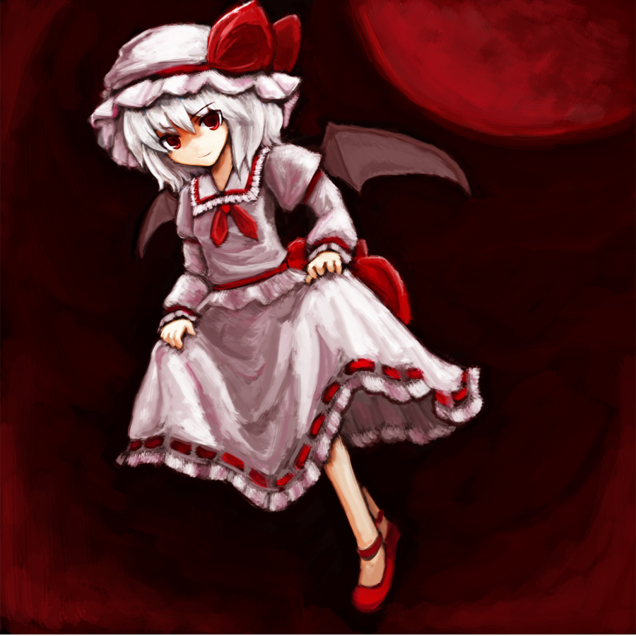 mugi, mugi (banban53), remilia scarlet, touhou, bad id, bad pixiv id, 1girl, female focus, full body, gradient background, hat, red eyes, skirt, solo, wings