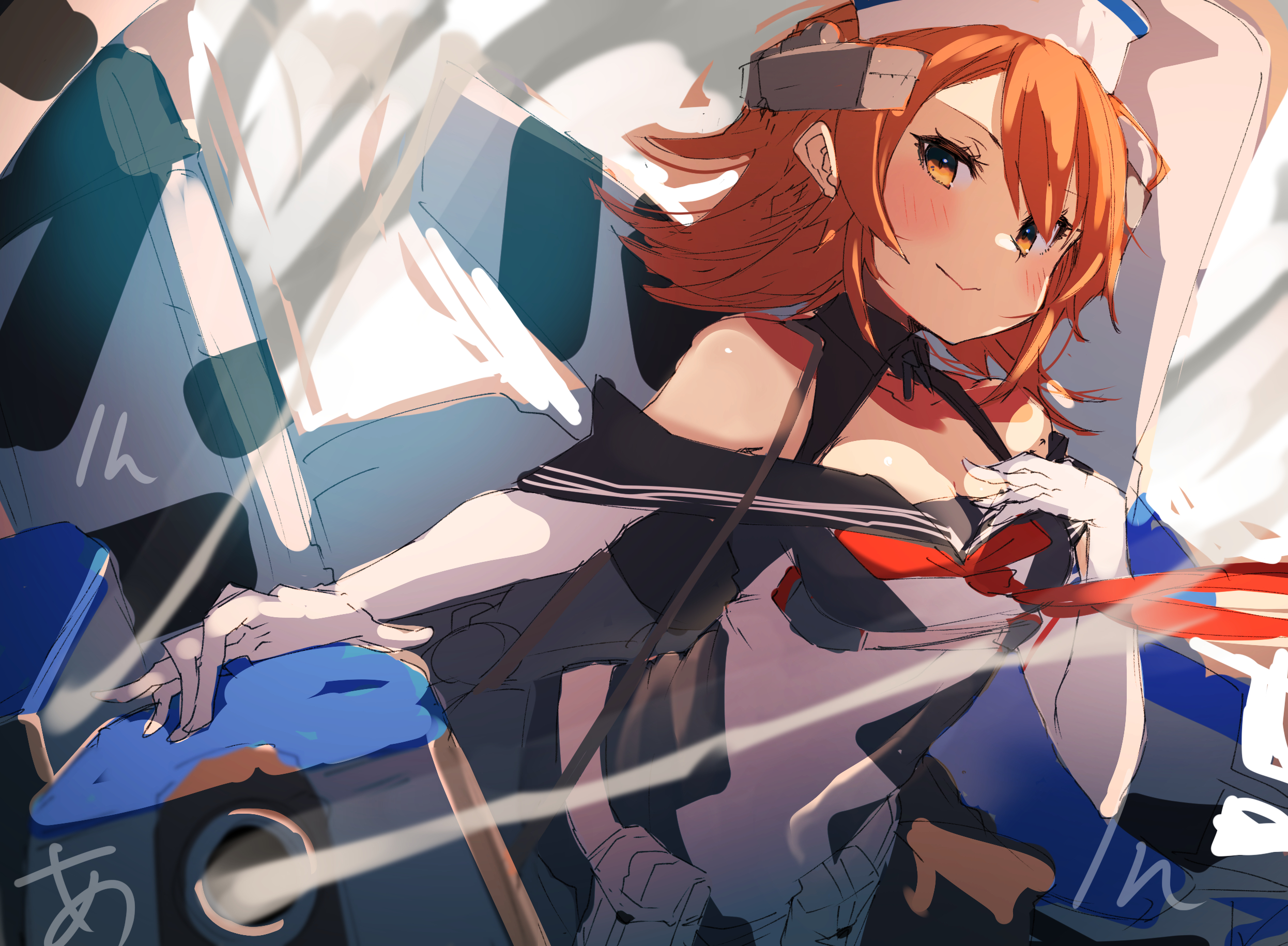 sunday aki, richard p. leary (kancolle), kantai collection, highres, 1girl, adapted turret, black sailor collar, breasts, brown eyes, brown hair, cannon, cleavage, dixie cup hat, elbow gloves, flipped hair, gloves, hat, looking at viewer, machinery, medium breasts, military hat, neckerchief, off-shoulder shirt, off shoulder, red neckerchief, rigging, sailor collar, ship turret, shirt, short hair, smokestack, solo, white hat
