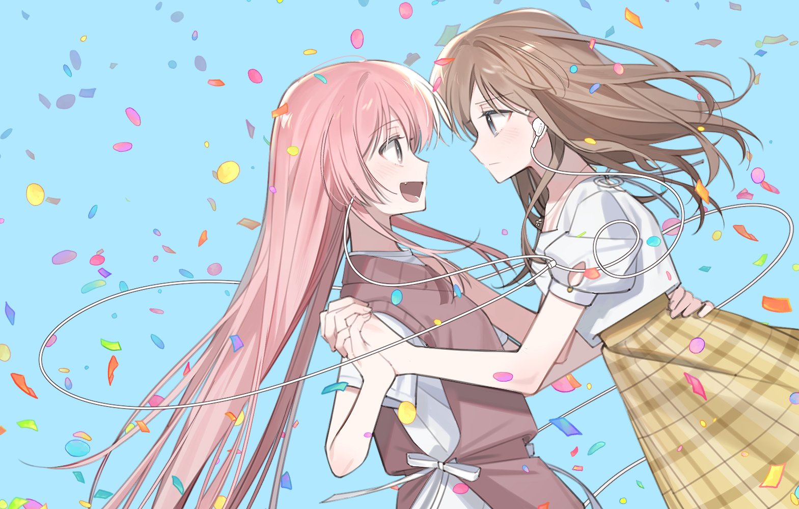 yojeong dimseom, chihaya anon, nagasaki soyo, bang dream!, bang dream! it's mygo!!!!!, commentary, hashtag-only commentary, 2girls, blue eyes, blush, brown hair, brown skirt, brown sweater vest, closed mouth, confetti, earphones, eye contact, fang, grey eyes, holding hands, interlocked fingers, long hair, looking at another, multiple girls, open mouth, pink hair, puffy short sleeves, puffy sleeves, shared earphones, shirt, short sleeves, simple background, skirt, sweater vest, white shirt, yuri