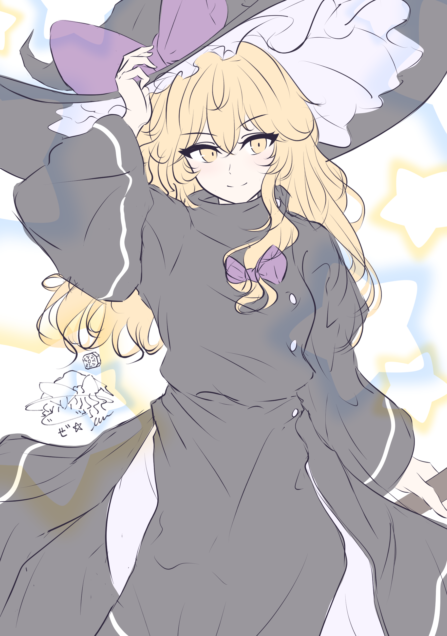 rinkaito1231, kirisame marisa, touhou, absurdres, commentary request, highres, translation request, 1girl, alternate costume, black dress, blonde hair, bow, closed mouth, dress, hair bow, hat, hat bow, holding, long hair, long sleeves, looking at viewer, mini-hakkero, purple bow, smile, solo, star (symbol), wide sleeves, witch hat, yellow eyes