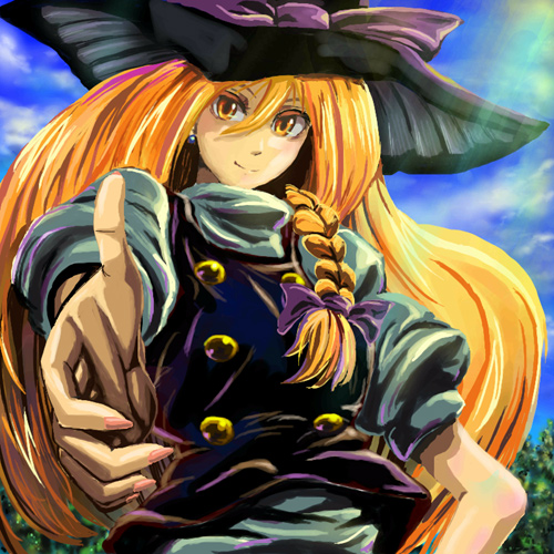 kabutoyama, kirisame marisa, touhou, lowres, 1girl, blonde hair, braid, colored eyelashes, female focus, hat, outdoors, sky, solo, witch, witch hat, yellow eyes