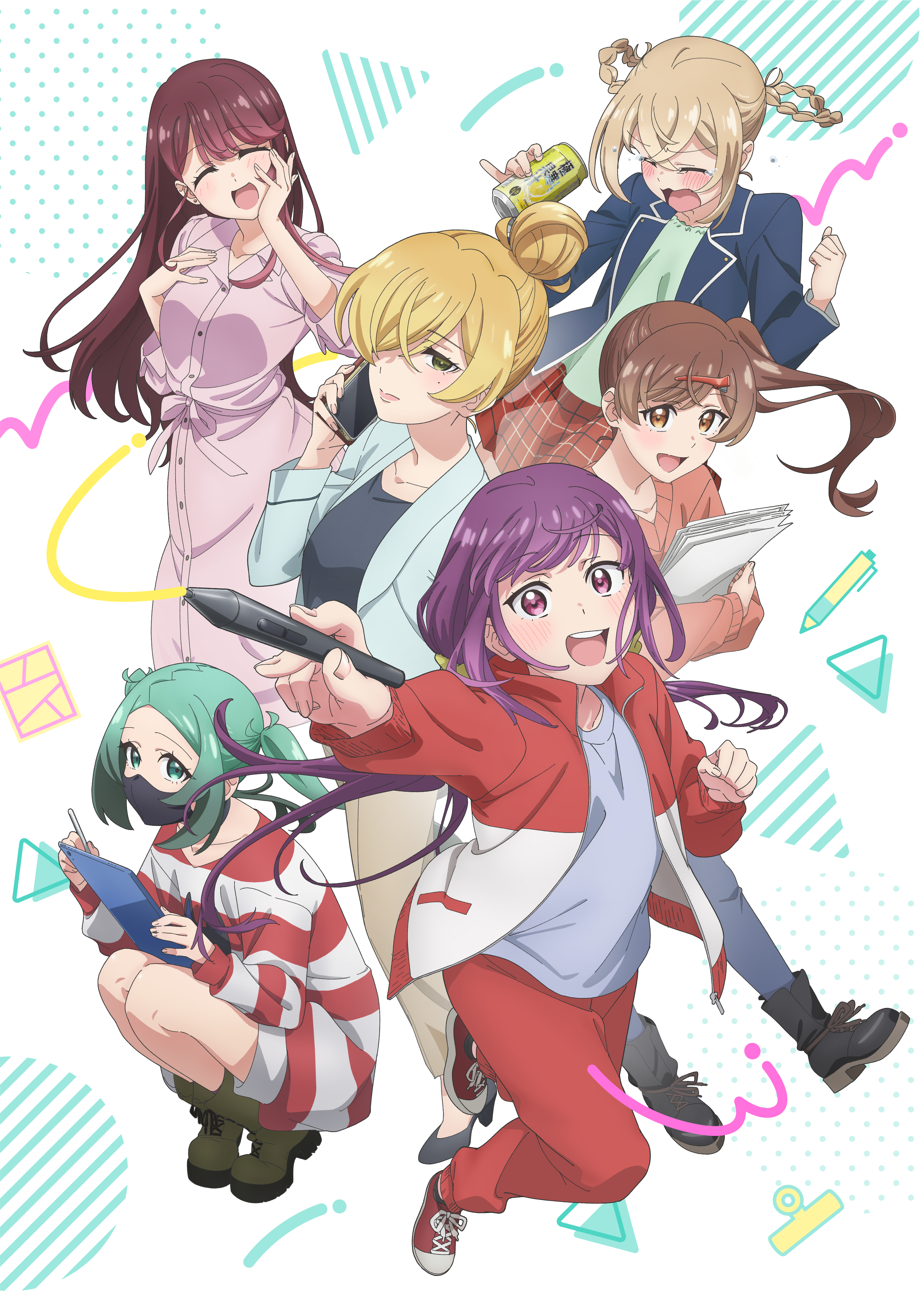 absurdres, character request, highres, 6+girls, beer can, black boots, black jacket, black shirt, blonde hair, boots, brown eyes, brown hair, can, cellphone, closed eyes, denim, dress, drink can, egao no taenai shokuba desu, green eyes, green hair, green shirt, grey shirt, hair bun, hair ornament, hair over one eye, hairclip, holding, holding can, holding paper, holding pen, holding phone, jacket, jeans, mask, mouth mask, multiple girls, open clothes, open jacket, open mouth, pants, paper, pen, phone, pink dress, pleated skirt, purple eyes, purple hair, red hair, red jacket, red pants, shirt, short twintails, side ponytail, simple background, skirt, squatting, teeth, twintails, upper teeth only