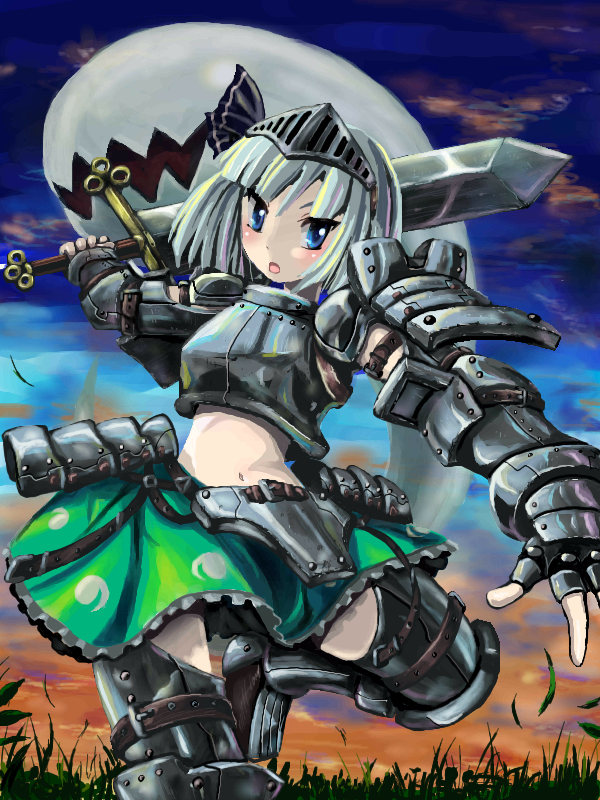 kabutoyama, konpaku youmu, konpaku youmu (ghost), touhou, 1girl, armor, armored dress, blue eyes, dress, female focus, gauntlets, hitodama, katana, solo, sword, weapon