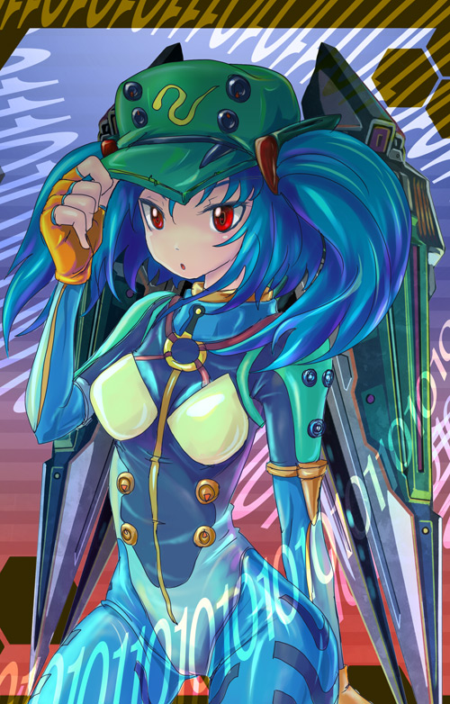 kabutoyama, kawashiro nitori, touhou, 1girl, blue hair, female focus, fingerless gloves, gloves, hair ornament, hat, red eyes, solo, two side up