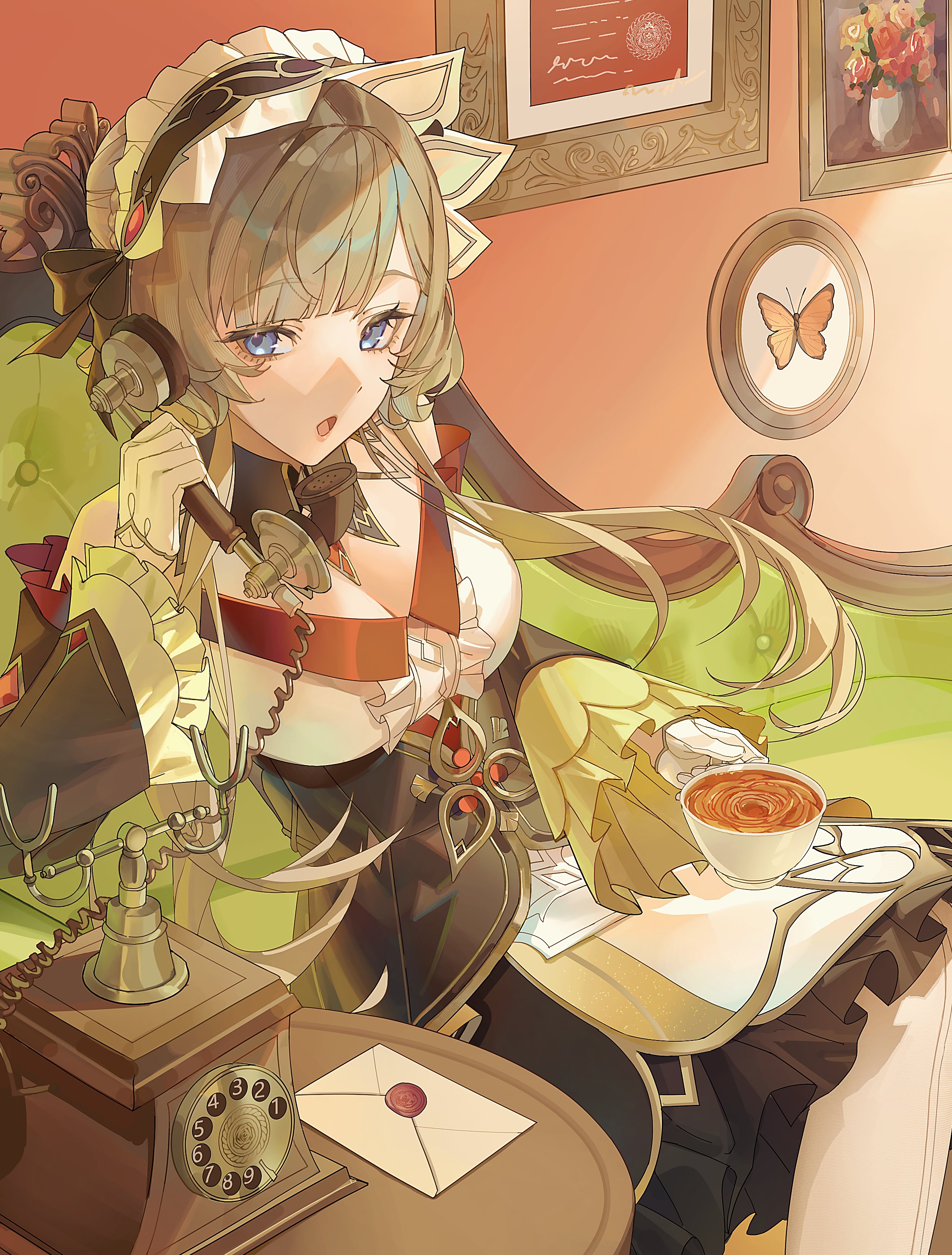 asagihisui, sandrone (genshin impact), genshin impact, absurdres, commentary request, highres, 1girl, antique phone, bare shoulders, black dress, black sleeves, blue eyes, breasts, brown hair, cleavage, cup, detached sleeves, dress, gloves, hand up, holding, holding cup, holding phone, large breasts, letter, long hair, long sleeves, looking at viewer, open mouth, phone, rotary phone, sitting, sleeveless, sleeveless dress, solo, teacup, very long hair, white gloves