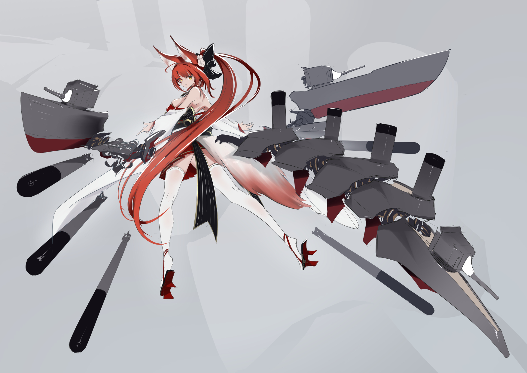 satsukitou, naka (azur lane), azur lane, highres, 1girl, animal ear fluff, animal ears, black bow, bow, fox ears, fox girl, fox tail, from behind, full body, hair bow, high ponytail, japanese clothes, looking at viewer, looking back, ponytail, red hair, red skirt, rigging, ship turret, sketch, skirt, solo, tail, thighhighs, torpedo, white thighhighs, yellow eyes