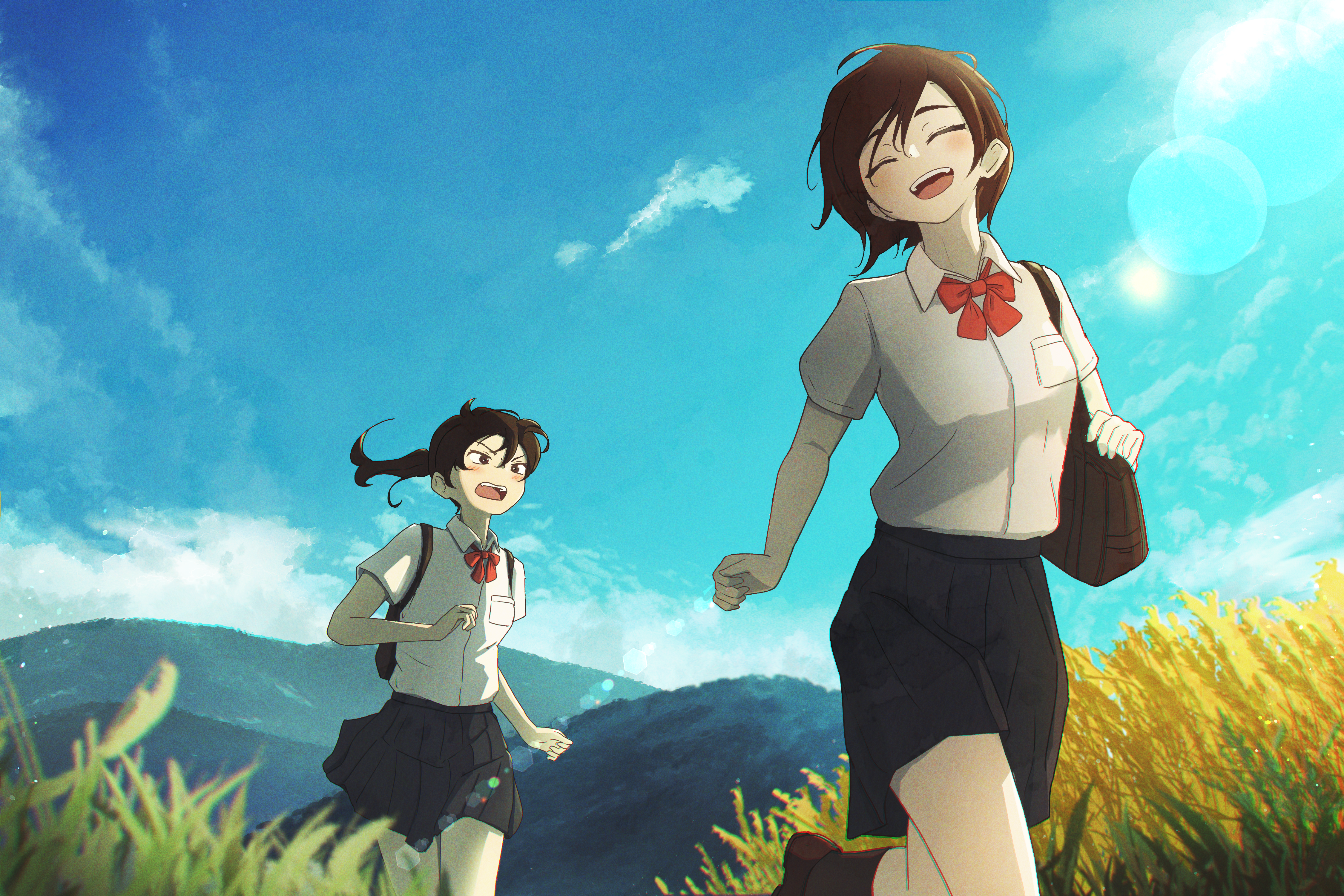unokikazu, original, absurdres, commentary request, highres, 2girls, bag, black skirt, blue sky, blush, bow, bowtie, breast pocket, brown hair, closed eyes, cloud, collared shirt, day, field, film grain, floating hair, grey shirt, happy, hill, lens flare, long hair, multiple girls, open mouth, outdoors, pleated skirt, pocket, red bow, red bowtie, running, school bag, school uniform, shirt, shirt tucked in, short hair, short sleeves, skirt, sky, smile, summer, summer uniform, v-shaped eyebrows, wing collar
