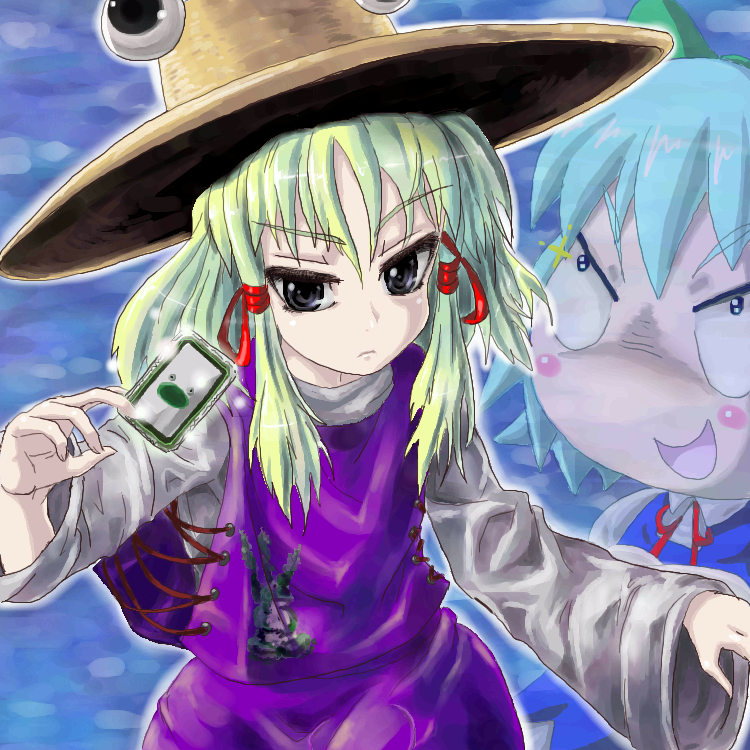 kabutoyama, cirno, moriya suwako, touhou, 2girls, blonde hair, blue hair, female focus, hat, multiple girls