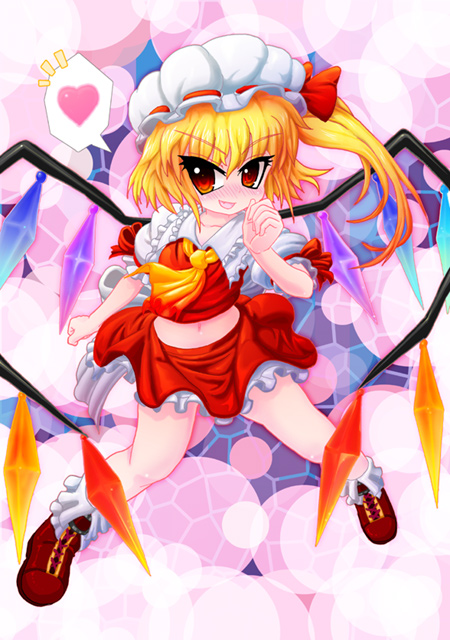 kabutoyama, flandre scarlet, touhou, 1girl, blonde hair, blouse, brown shoes, collared shirt, female focus, full body, hat, midriff, mob cap, navel, pink background, red eyes, shirt, shoes, socks, solo, vampire, white hat, white shirt, white socks, wings