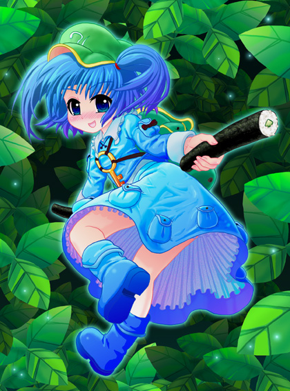 kabutoyama, kawashiro nitori, touhou, 1girl, backpack, bag, blue eyes, blue hair, cucumber, female focus, hat, matching hair/eyes, randoseru, solo, two side up