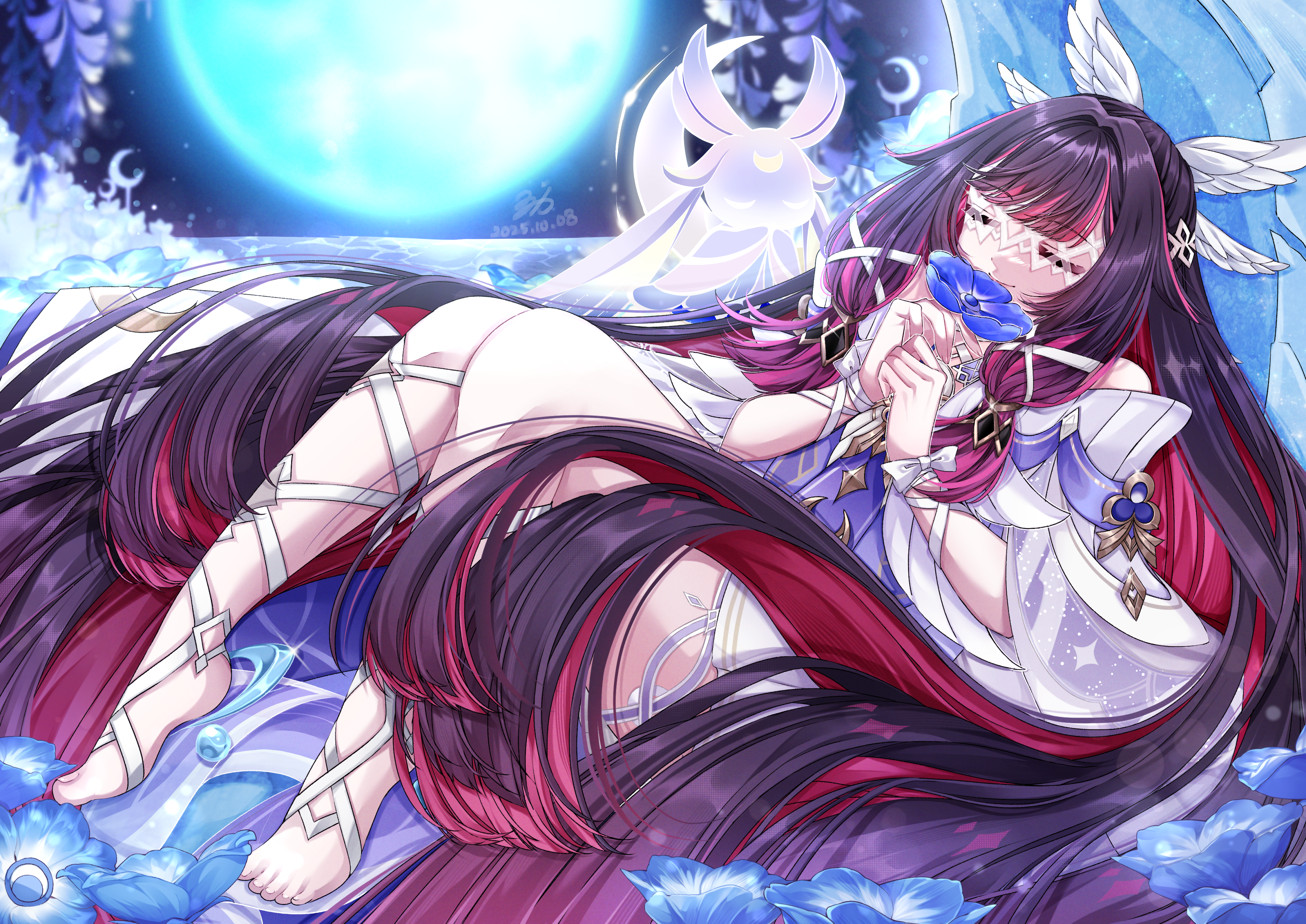 yuzuca (trickster4594), columbina (genshin impact), genshin impact, absurdres, highres, 1girl, 1other, black hair, blue flower, closed eyes, closed mouth, dress, feathered wings, flower, hair ribbon, head wings, holding, holding flower, long hair, luonnotar (genshin impact), multiple wings, pink hair, purple flower, ribbon, sidelocks, smile, very long hair, white dress, white mask, white ribbon, white wings, wings, wrist ribbon