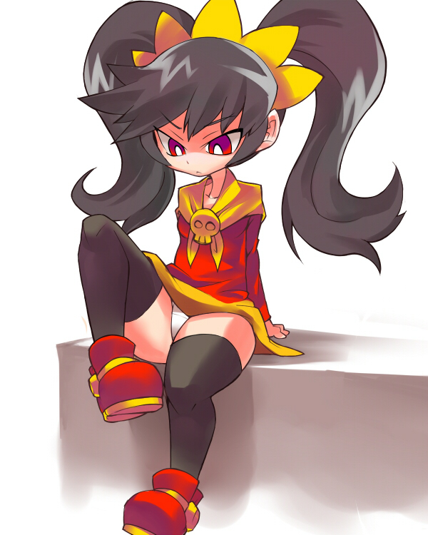 ario, ashley (warioware), nintendo, warioware, 1girl, alternate legwear, black hair, blush, dress, female focus, hairband, headband, panties, pantyshot, red eyes, sitting, skirt, skull, solo, thighhighs, twintails, underwear, upskirt, white panties