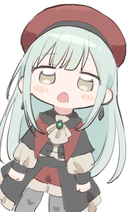 sasa kichi, mortis (bang dream!), mortis (costume) (bang dream!), wakaba mutsumi, bang dream!, bang dream! it's mygo!!!!!, commentary request, 1girl, ascot, beret, black capelet, black skirt, blush, capelet, chibi, earrings, green hair, grey pantyhose, hat, jewelry, long hair, long sleeves, looking at viewer, open mouth, pantyhose, pantyhose under shorts, red hat, red shorts, shorts, sidelocks, simple background, skirt, solo, white ascot, white background, yellow eyes