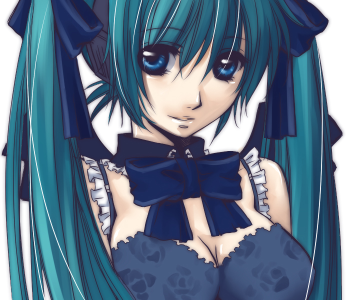 hirusawa hiro, hatsune miku, vocaloid, aqua hair, blue eyes, bow, bowtie, hair ribbon, ribbon, smile, solo, twintails