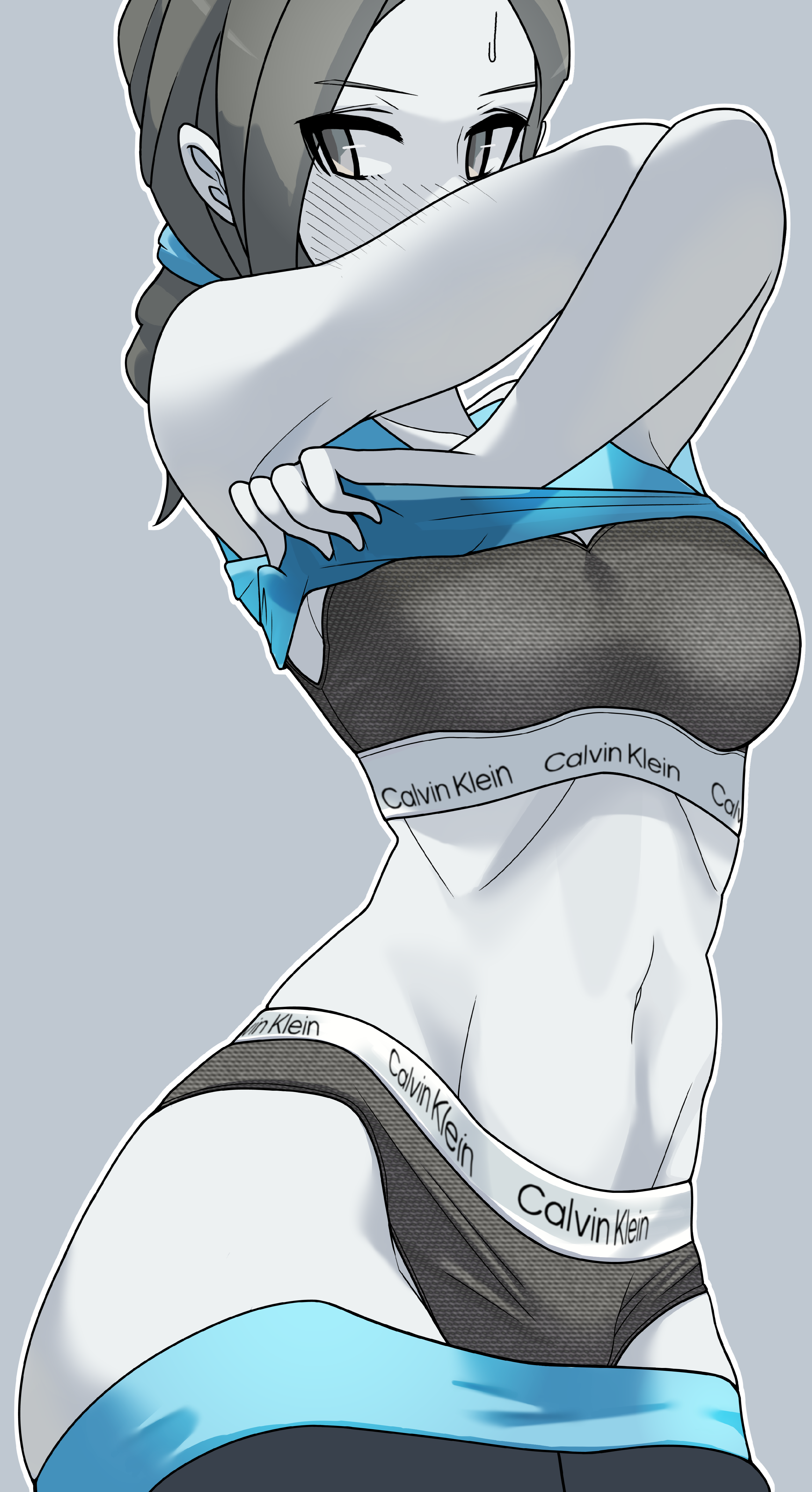 xvrh8558, wii fit trainer (female), calvin klein, nintendo, super smash bros., wii fit, wii fit trainer, highres, 1girl, arms up, black bra, black hair, black panties, black sports bra, blue shirt, blush, bra, brand name imitation, breasts, casual, clothes lift, clothes pull, clothes writing, colored skin, cowboy shot, crossed arms, female focus, grey background, grey eyes, grey hair, grey skin, lifting own clothes, long hair, looking at viewer, low ponytail, medium breasts, navel, pale skin, panties, pants, pants pull, ponytail, removing clothing, shirt, shirt lift, simple background, solo, solo focus, spandex, sports bra, standing, sweat, sweatdrop, tank top, thighs, toned, underwear, undressing, white skin, wide hips, yoga pants