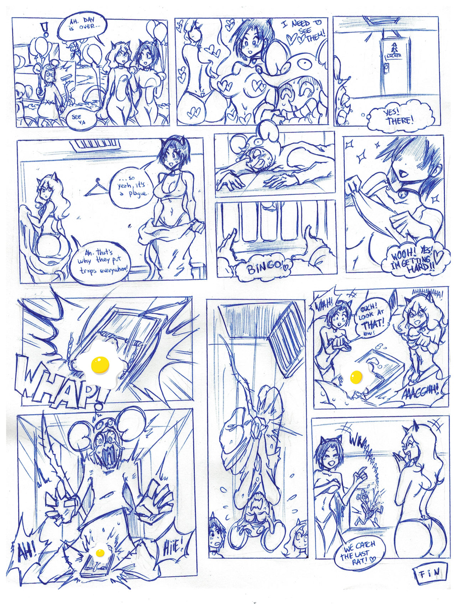 ocigart, 1boy, 2girls, animal ear hairband, animal ears, ball busting, cat ear hairband, cat ears, cat girl, comic, covering breasts, covering privates, fake animal ears, grate, hairband, inktober, laughing, locker, locker room, mouse boy, mouse tail, mousetrap, multiple girls, peeking, pointing, screaming, tail, voyeurism