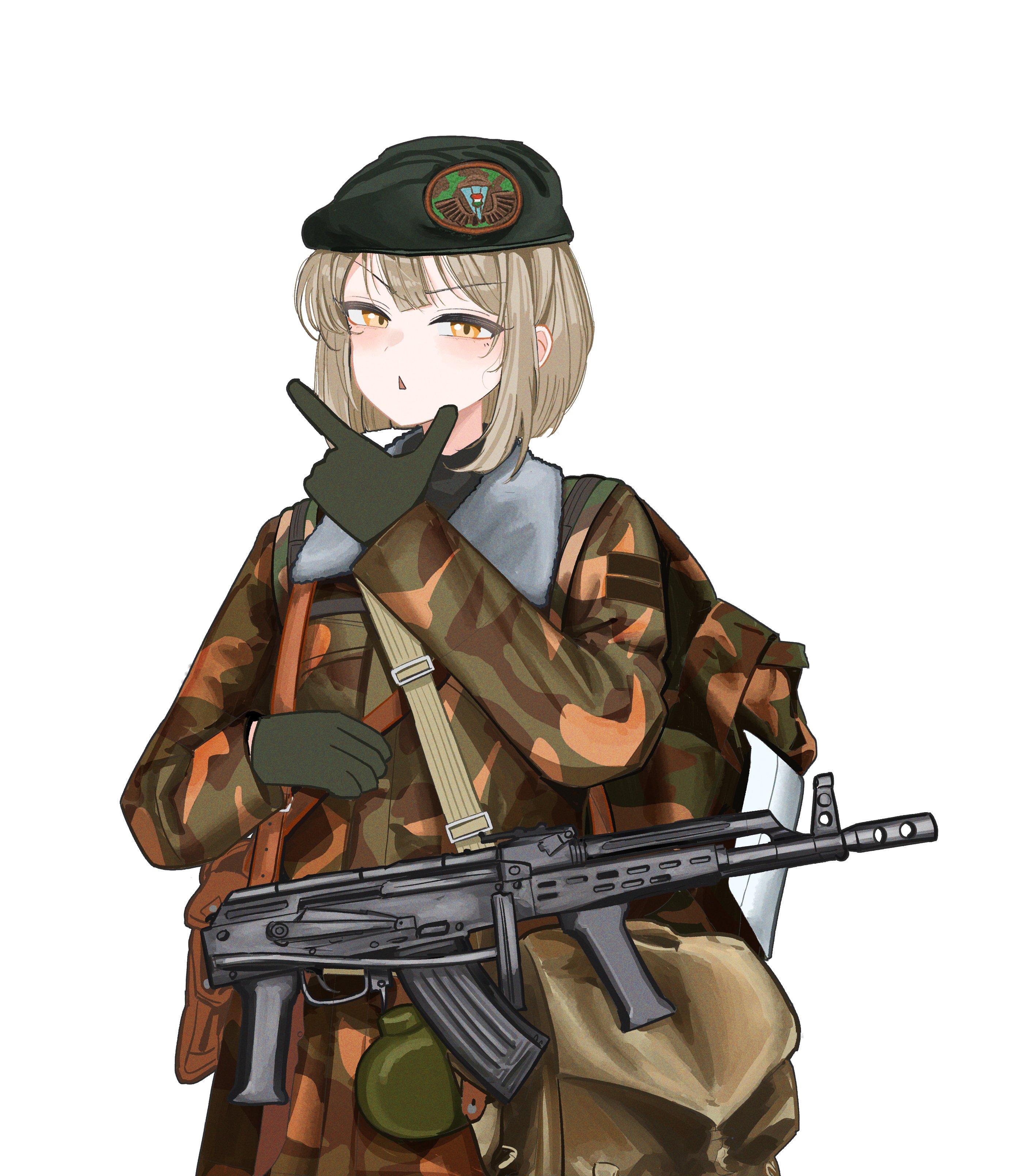 gulyas, original, highres, korean commentary, 1girl, akm, akms, amd-65, assault rifle, backpack, bag, beret, black hat, blonde hair, camouflage, camouflage bag, camouflage jacket, canteen, cowboy shot, folding stock, gloves, green gloves, gun, gun sling, hat, hungarian army, hungarian people's army, hungarian people's republic, hungary, jacket, kalashnikov rifle, military, military combat uniform, military hat, military uniform, open mouth, paratrooper, rifle, short hair, shoulder bag, sidelocks, simple background, soldier, thinking, triangle mouth, v-shaped eyebrows, vertical forward grip, weapon, woodland camouflage, yellow eyes