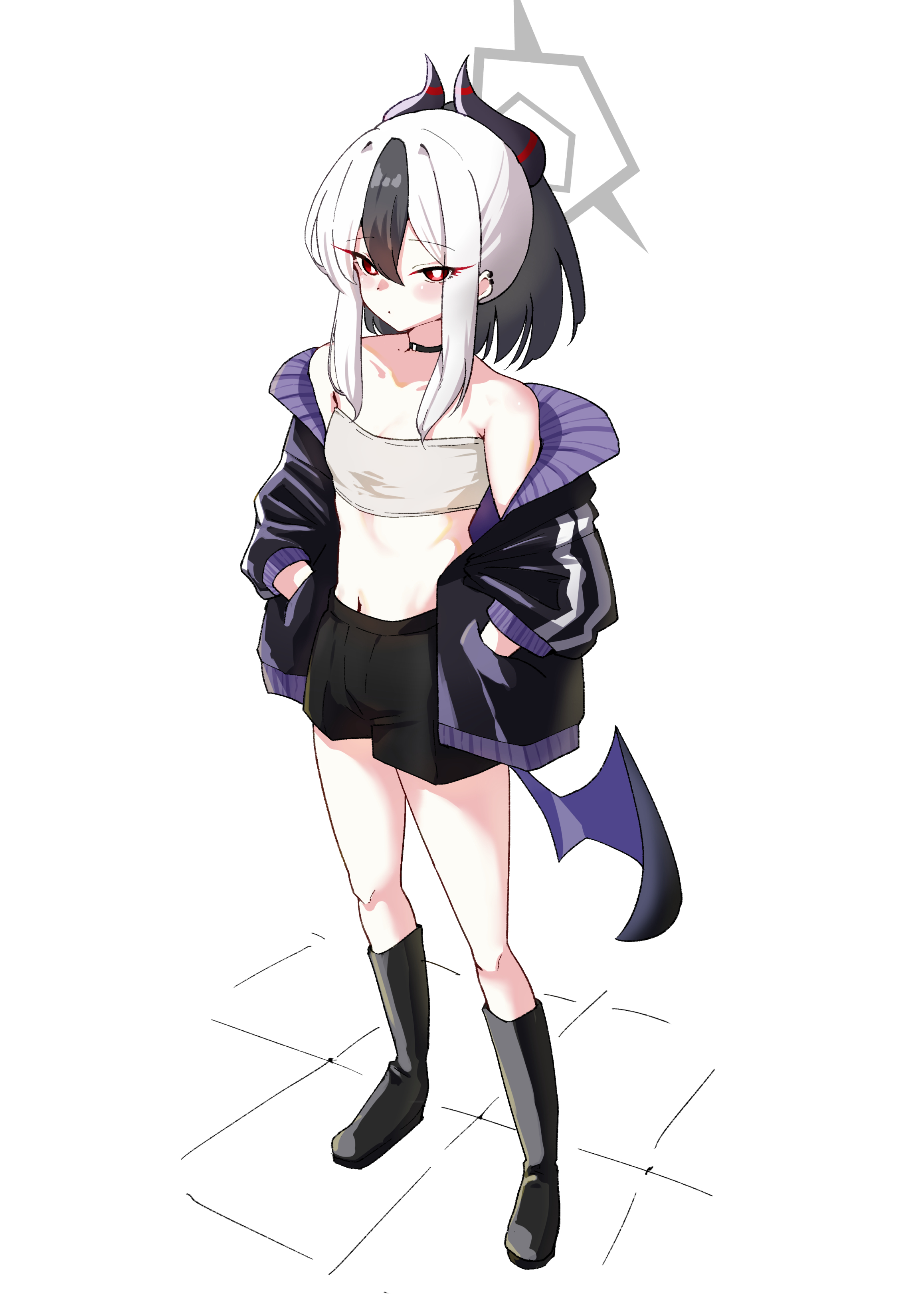 so-ko, kayoko (blue archive), blue archive, 1girl, alternate costume, black boots, black choker, black coat, black hair, black shorts, blush, boots, bright pupils, choker, coat, demon wings, earrings, halo, hands in pockets, horns, jewelry, low wings, medium hair, multicolored hair, navel, off-shoulder coat, off shoulder, open clothes, open coat, ponytail, red eyes, short shorts, shorts, sidelocks, single wing, solo, standing, strapless, tube top, two-tone hair, white background, white hair, white pupils, wings