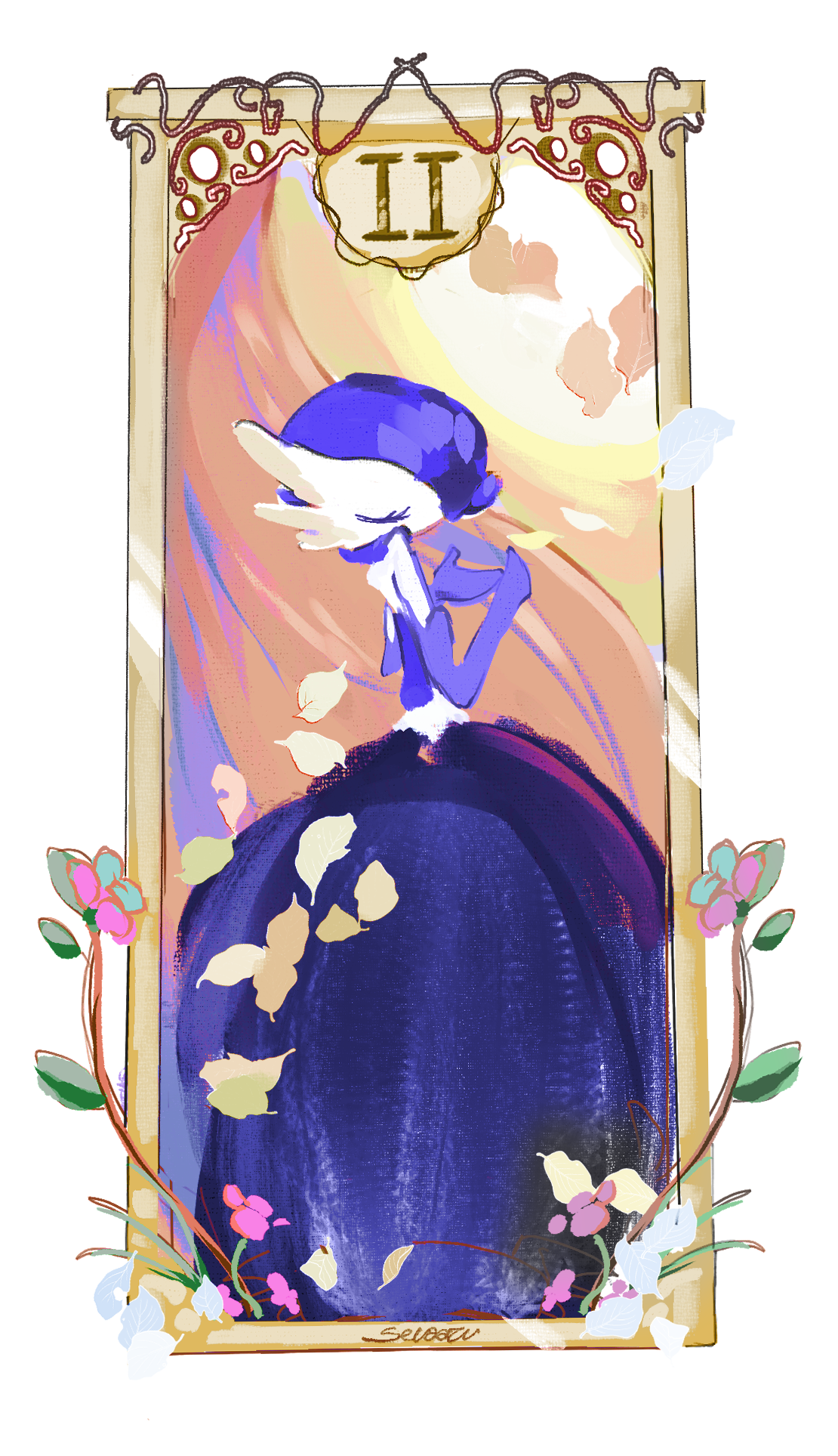 sevaaru, gardevoir, mega gardevoir, nintendo, pokemon, 1girl, alternate color, artist name, bare shoulders, blue dress, blue gloves, blue hair, bob cut, border, card (medium), closed eyes, colored skin, dress, elbow gloves, female focus, flower, from side, gen 3 pokemon, gloves, hair over one eye, hands up, long dress, mega pokemon, one eye covered, outside border, pink flower, pokemon (creature), shiny pokemon, short hair, signature, solo, tarot, tarot (medium), the high priestess (tarot), u u, white border, white skin