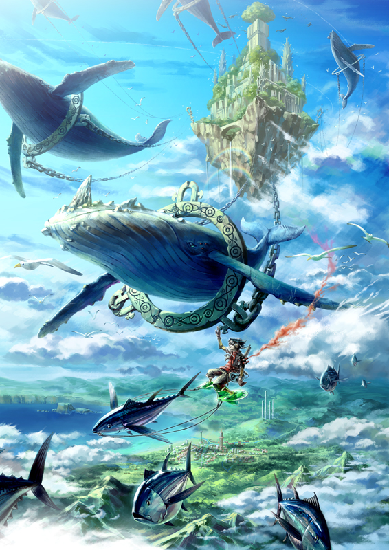 oropi, original, 1boy, castle, chain, city, cloud, fish, floating island, flying fish, flying whale, lake, landscape, scenery, sky, tower, whale
