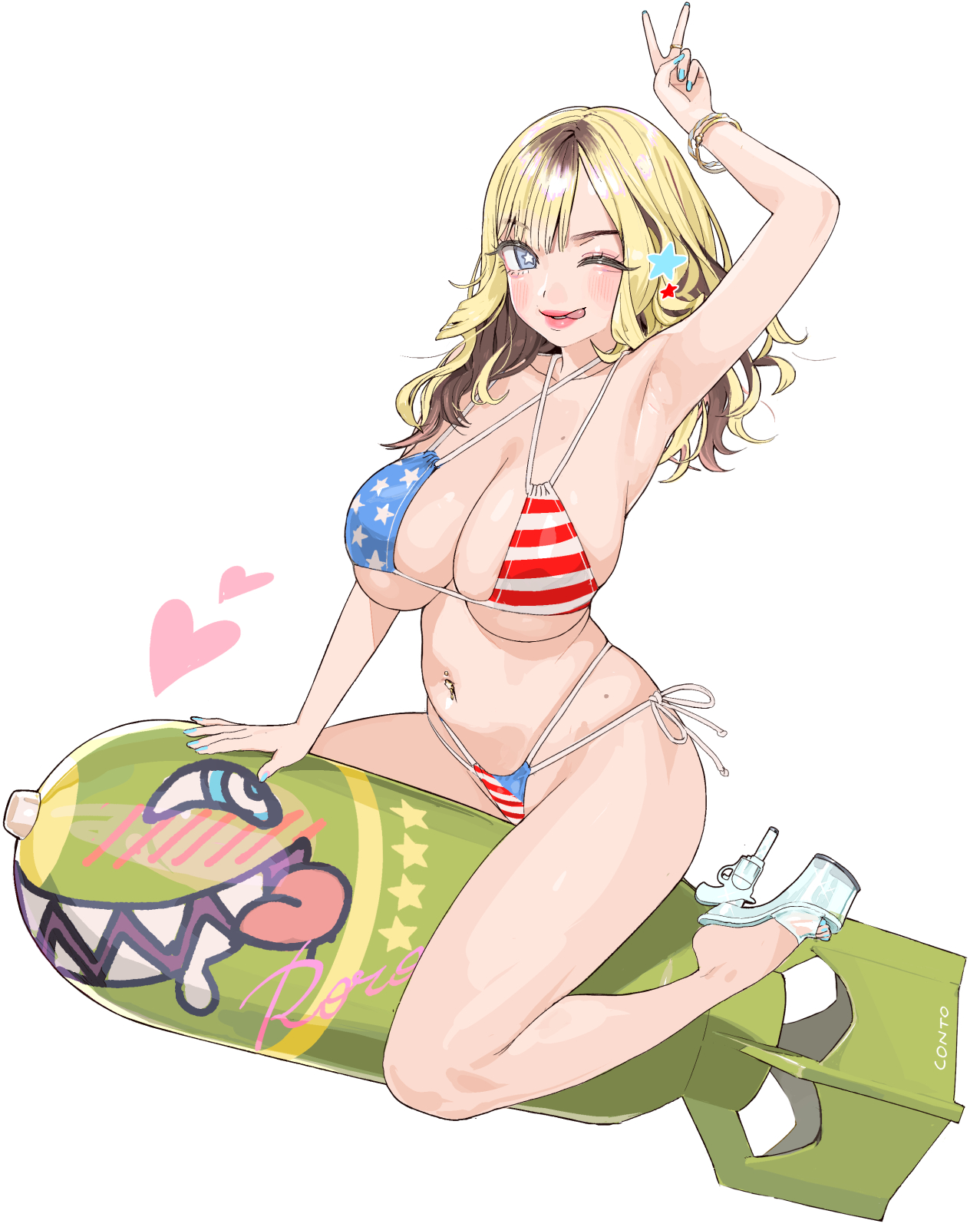 conto, original, commission, highres, 1girl, american flag, american flag bikini, american flag print, arm up, armpits, bare shoulders, bikini, blonde hair, blue eyes, blush, bomb, bracelet, breasts, brown hair, cleavage, explosive, flag print, flag print bikini, full body, jewelry, large breasts, lips, long hair, looking at viewer, multi-strapped bikini bottom, multicolored hair, nail polish, navel, one eye closed, print bikini, print swimsuit, side-tie bikini bottom, simple background, sitting, smile, solo, star (symbol), star print, string bikini, striped bikini, striped clothes, swimsuit, tongue, tongue out, two-tone hair, v, white background