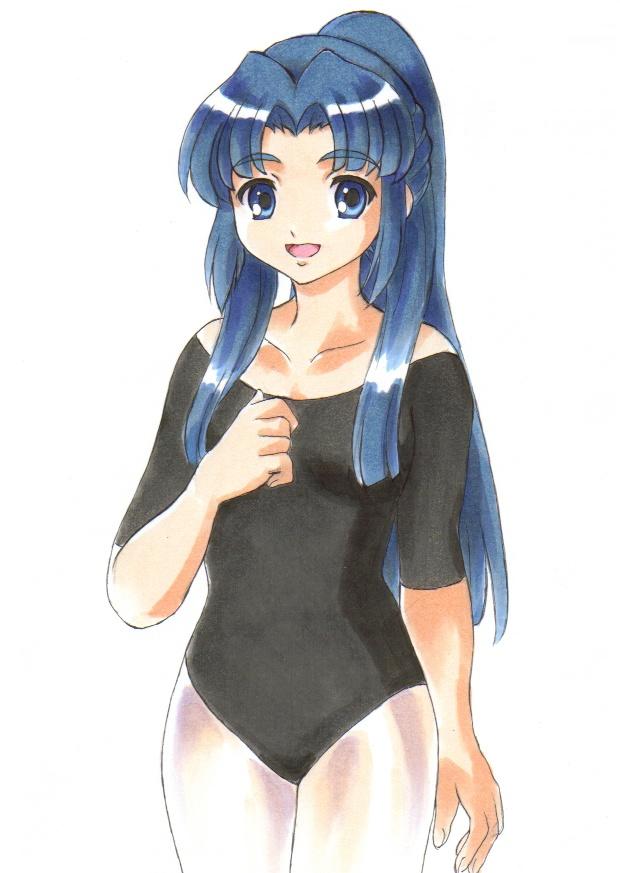 fujita (speedlimit), asakura ryoko, suzumiya haruhi no yuuutsu, 00s, blue eyes, blue hair, leotard, long hair, pantyhose, ponytail, solo