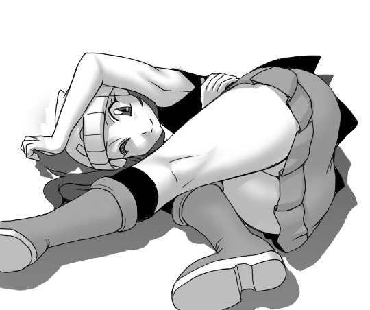 jouwan, dawn (pokemon), nintendo, pokemon, 1girl, female focus, greyscale, hat, kneepits, monochrome, one eye closed, panties, pantyshot, simple background, solo, underwear, white background, wink