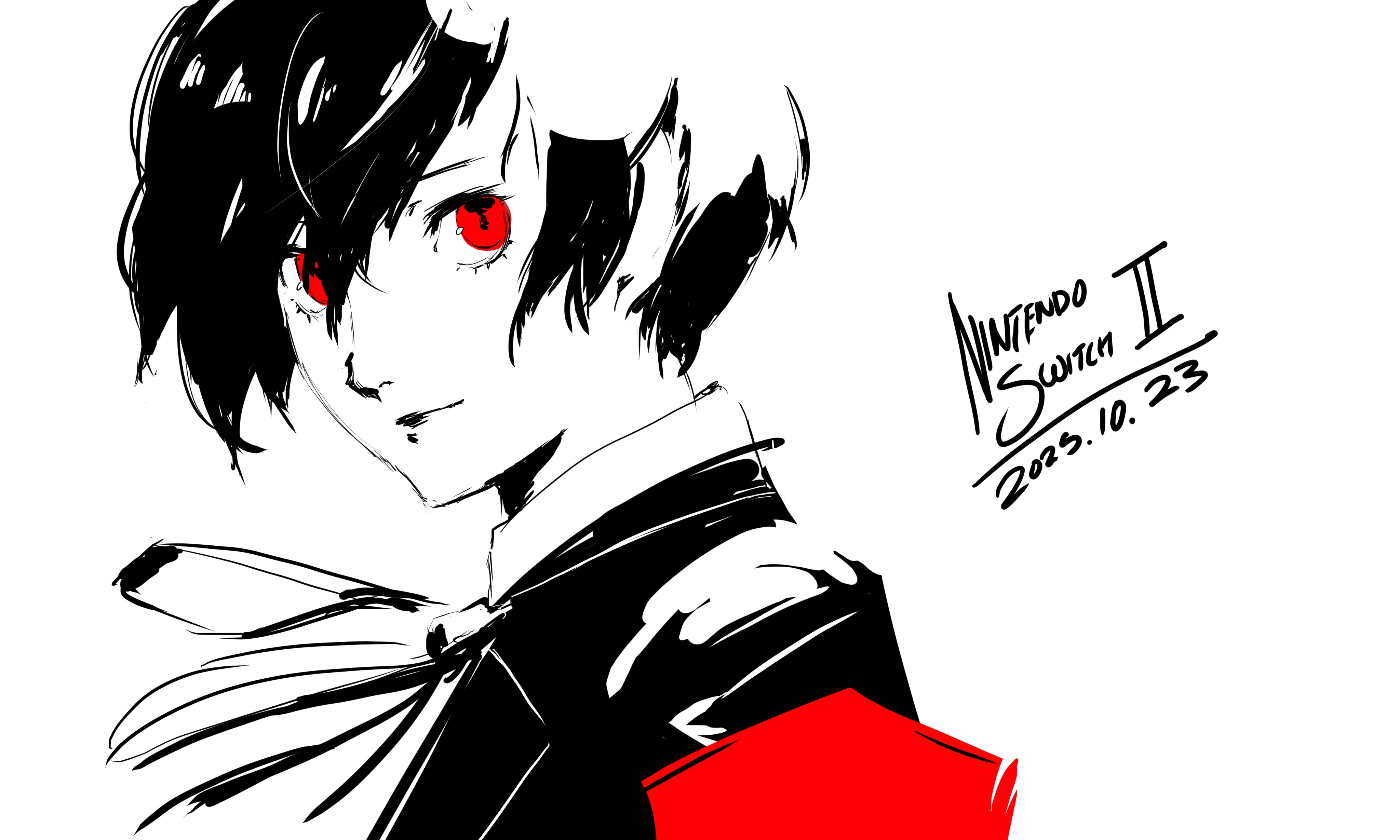 smoogiearts, yuuki makoto (persona 3), persona, persona 3, persona 3 reload, absurdres, commentary, english commentary, highres, 1boy, armband, black hair, black jacket, closed mouth, from side, greyscale, jacket, light smile, looking at viewer, male focus, monochrome, portrait, red armband, red eyes, release date, ribbon, short hair, simple background, sketch, solo, spot color, white background