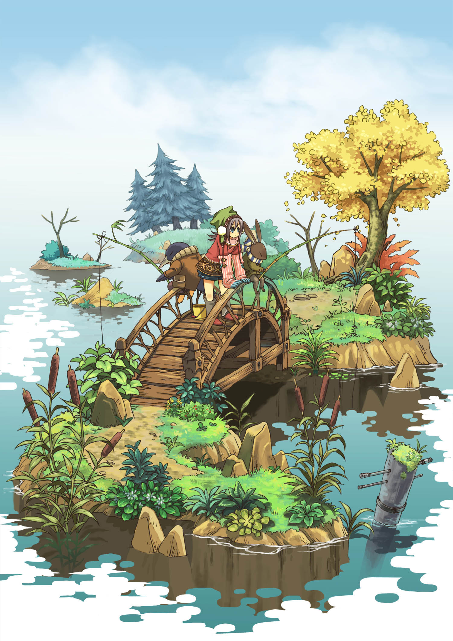fujiwara (fujiwara43), original, highres, bird, blue eyes, bridge, fishing, hat, nature, purple hair, rabbit, socks, tree, water