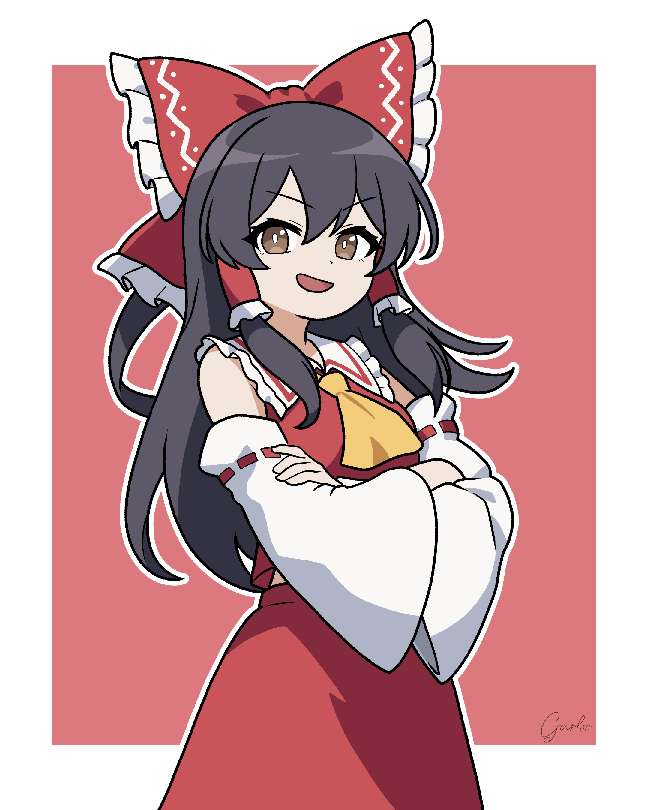 garloo, hakurei reimu, touhou, absurdres, commentary request, highres, 1girl, ascot, black hair, bow, brown eyes, crossed arms, detached sleeves, frilled bow, frilled hair tubes, frills, hair bow, hair tubes, long hair, looking at viewer, open mouth, red background, red bow, red skirt, ribbon-trimmed sleeves, ribbon trim, signature, skirt, skirt set, smile, solo, white background, yellow ascot