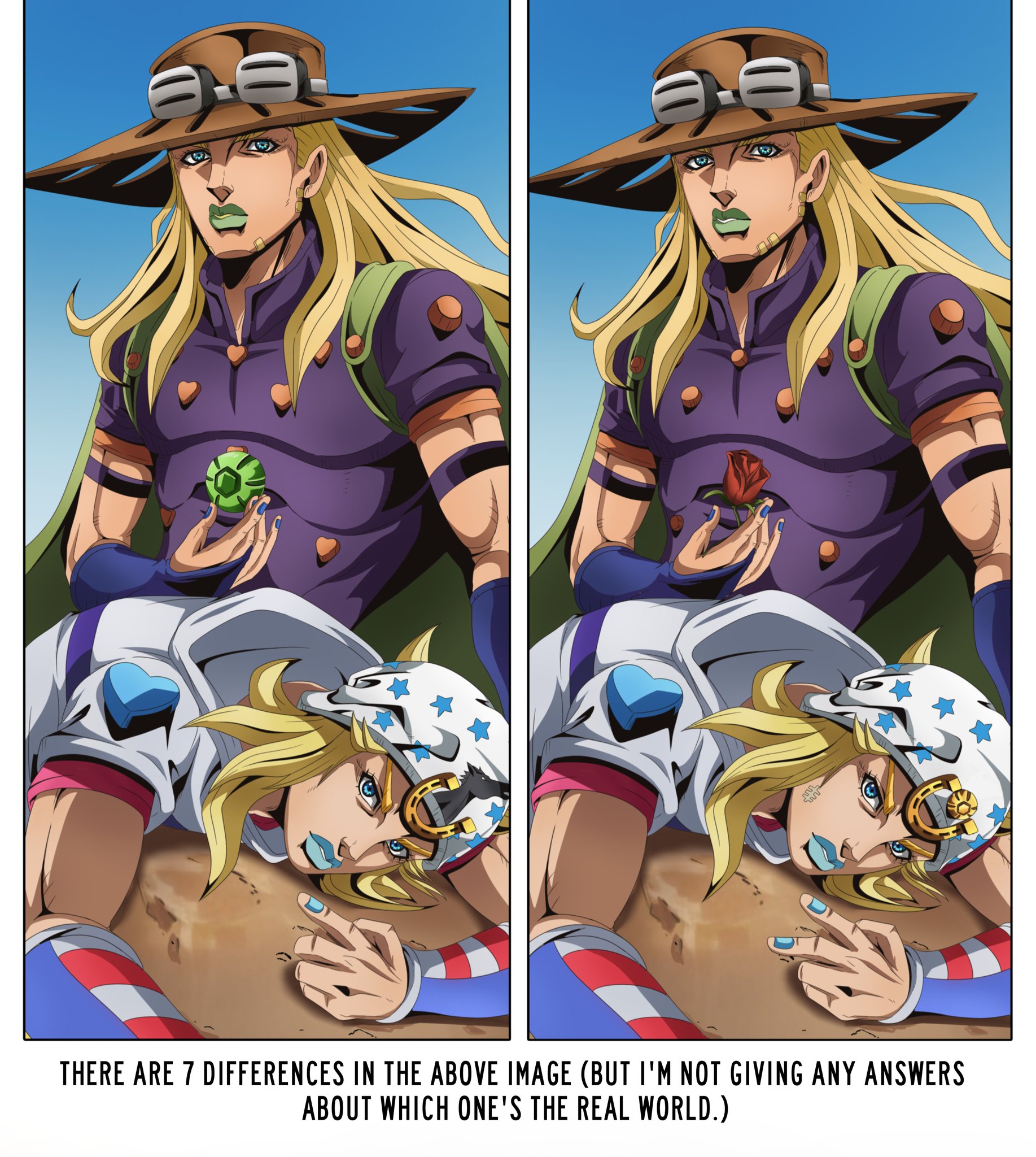 gyro zeppeli, johnny joestar, jojo no kimyou na bouken, steel ball run, comic cover redraw, derivative work, hashtag-only commentary, highres, 2boys, araki hirohiko (style), armband, ball, beanie, blonde hair, blue bridal gauntlets, blue eyes, blue lips, blue nails, bridal gauntlets, brown hat, cape, cowboy hat, english text, facial scar, flower, goggles, goggles on headwear, green cape, green lips, hat, heart ornament, high collar, holding, holding ball, holding flower, hood, hood down, hoodie, horse print, horseshoe hat ornament, horseshoe ornament, jojomelhoranim, long hair, looking at viewer, lying, makeup, male focus, medium hair, multiple boys, multiple views, official style, on stomach, orange sleeves, purple armband, purple shirt, purple sleeves, red flower, red rose, red sleeves, rose, scar, scar on cheek, scar on face, shirt, short sleeves, star (symbol), star print, steel ball (jojo), two-tone sleeves, white hat, white hoodie, white sleeves
