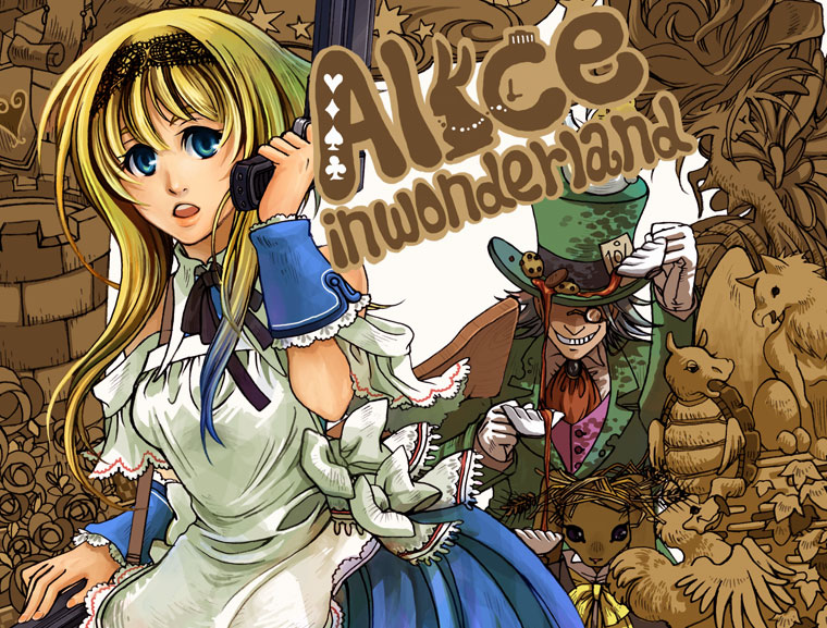 fujiwara (fujiwara43), alice (alice in wonderland), mad hatter (alice in wonderland), march hare (wonderland), alice's adventures in wonderland, blonde hair, blue eyes, dodo (bird), dress, glasses, grin, gun, hairband, hat, long hair, rabbit, smile, weapon, wrist cuffs