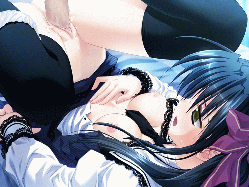 asaba yuu, yuzuki saki, aster (game), animated, animated gif, game cg, non-web source, black hair, blush, breasts, clitoris, clothed sex, green eyes, hair ribbon, nipples, panties, panties around leg, penis, pussy, ribbon, school uniform, sex, solo focus, thighhighs, uncensored, underwear, vaginal