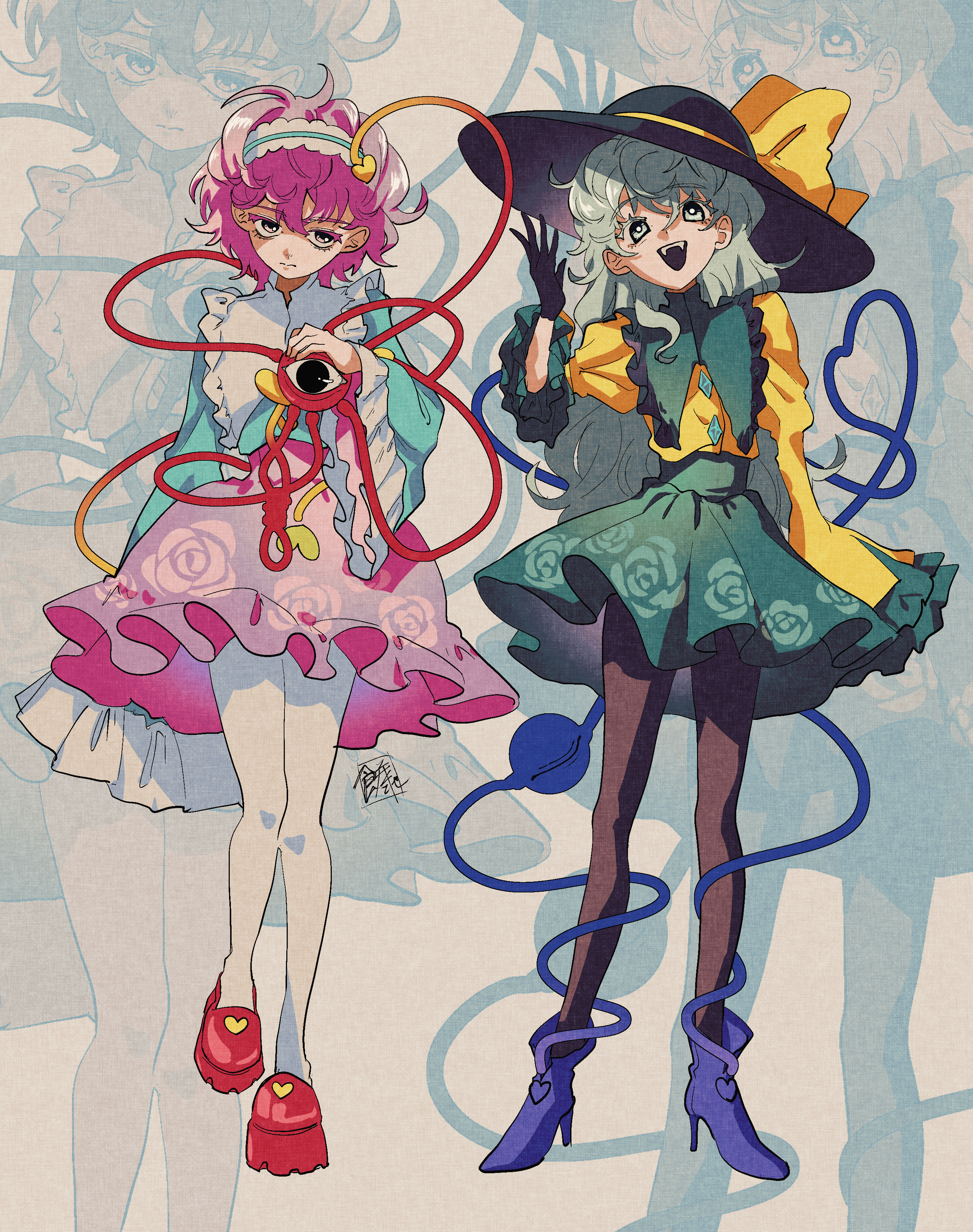 sokura (mochichitose), komeiji koishi, komeiji satori, touhou, absurdres, commentary, highres, 2girls, :d, adapted costume, arm at side, black gloves, black hat, black pantyhose, blue hairband, blue shirt, blue shoes, bow, buttons, closed mouth, collared shirt, colored eyelashes, diamond button, floral print, frilled hairband, frilled shirt collar, frilled skirt, frilled sleeves, frills, full body, gloves, green eyes, green hair, green shirt, green skirt, hair behind ear, hairband, hand up, hat, hat bow, hat ribbon, head tilt, heart, heart button, heart print, high collar, high heels, juliet sleeves, lolita fashion, long hair, long sleeves, looking at viewer, messy hair, miniskirt, multiple girls, open mouth, pantyhose, pink eyes, pink hair, pink skirt, platform shoes, pleated skirt, pout, puffy sleeves, red shoes, ribbon, rose print, sanpaku, shaded face, shirt, shoes, siblings, signature, single sleeve past fingers, sisters, skirt, smile, standing, standing on one leg, sun hat, tareme, teeth, third eye on chest, two-tone hairband, two-tone shirt, upper teeth only, very long hair, wavy hair, white hairband, white pantyhose, white shirt, wide brim, wide sleeves, wing collar, yellow bow, yellow ribbon, yellow shirt, zoom layer