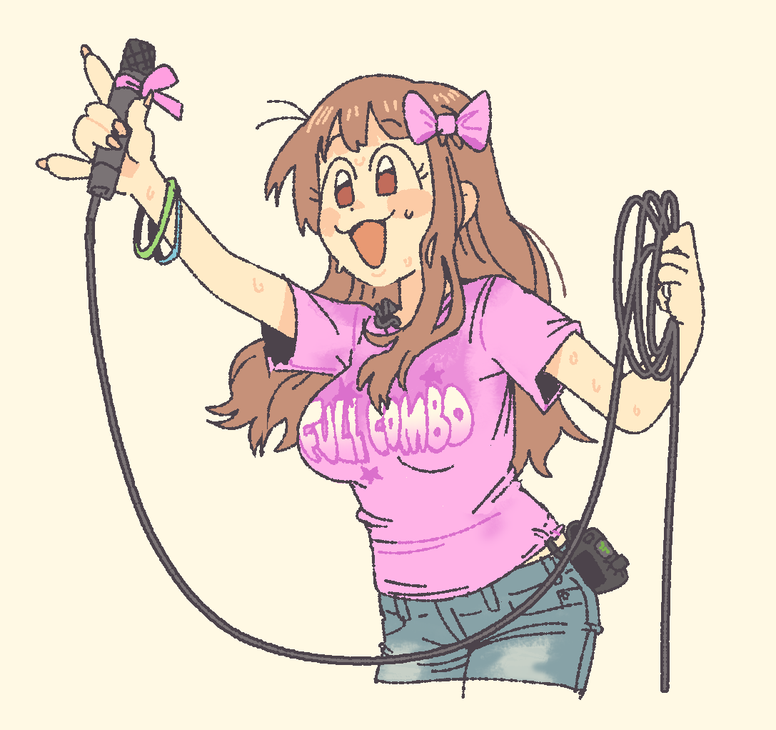 farfinfarfin, moroboshi kirari, idolmaster, idolmaster cinderella girls, commentary, 1girl, :3, bow, bracelet, breasts, brown eyes, brown hair, cropped legs, denim, hair bow, holding, holding microphone, jeans, jewelry, large breasts, microphone, pants, pink bow, pink shirt, shirt, solo, sweat, t-shirt, walkie-talkie