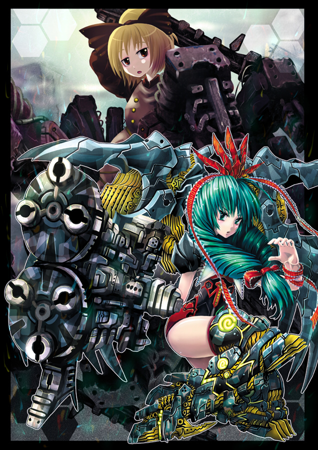 kabutoyama, kagiyama hina, kurodani yamame, touhou, 2girls, blonde hair, bow, female focus, green eyes, green hair, mechanization, multiple girls