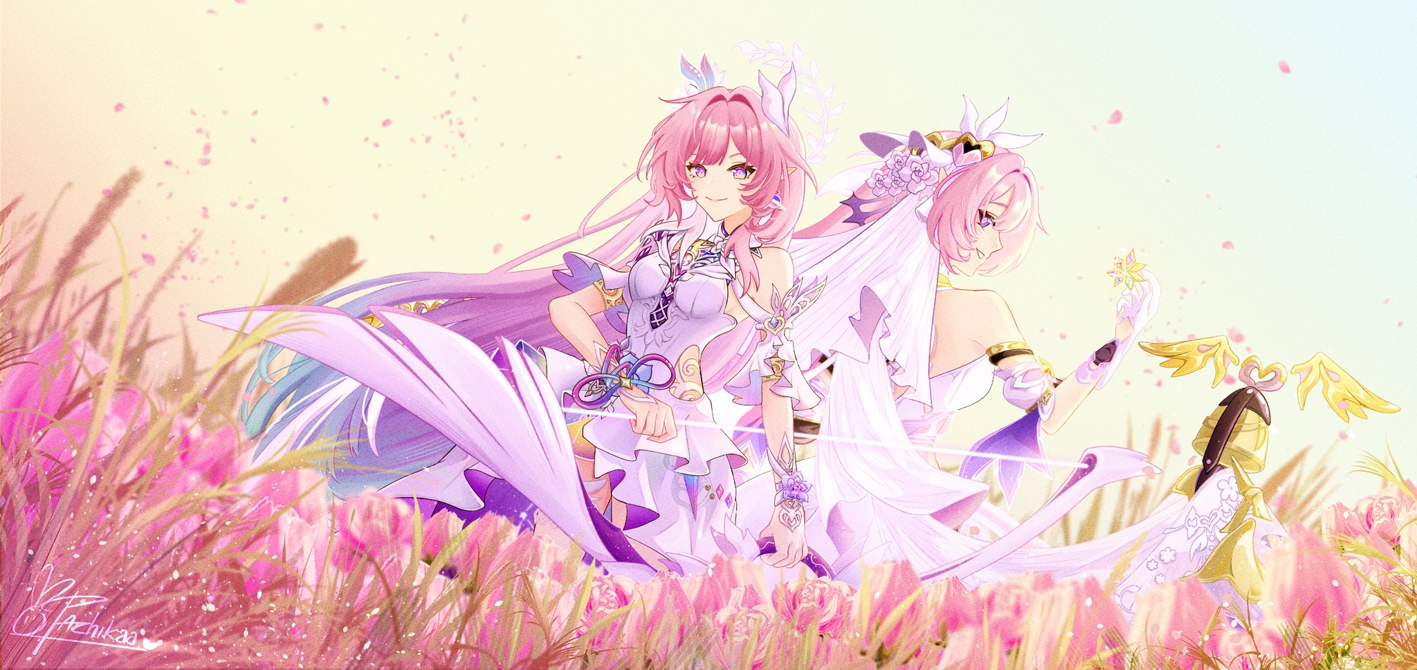 cyrene (honkai: star rail), cyrene (ripples of past reverie) (honkai: star rail), elysia (herrscher of human: ego) (honkai impact), elysia (honkai impact), inoue marina, honkai: star rail, honkai (series), honkai impact 3rd, commentary, english commentary, highres, 2girls, bare shoulders, bell, blue sky, bow (weapon), breasts, bridal veil, company connection, diamond-shaped pupils, diamond (shape), dress, earrings, field, flower, flower field, gloves, gradient hair, green hair, hair ornament, halo, holding, holding bow (weapon), holding weapon, jewelry, large breasts, leveilla, long hair, looking at viewer, multicolored hair, multiple girls, outdoors, pink flower, pink hair, pink tulip, purple eyes, sky, smile, symbol-shaped pupils, tulip, veil, very long hair, voice actor connection, weapon, wheat, wheat field, white dress, white gloves, white hair, yanning