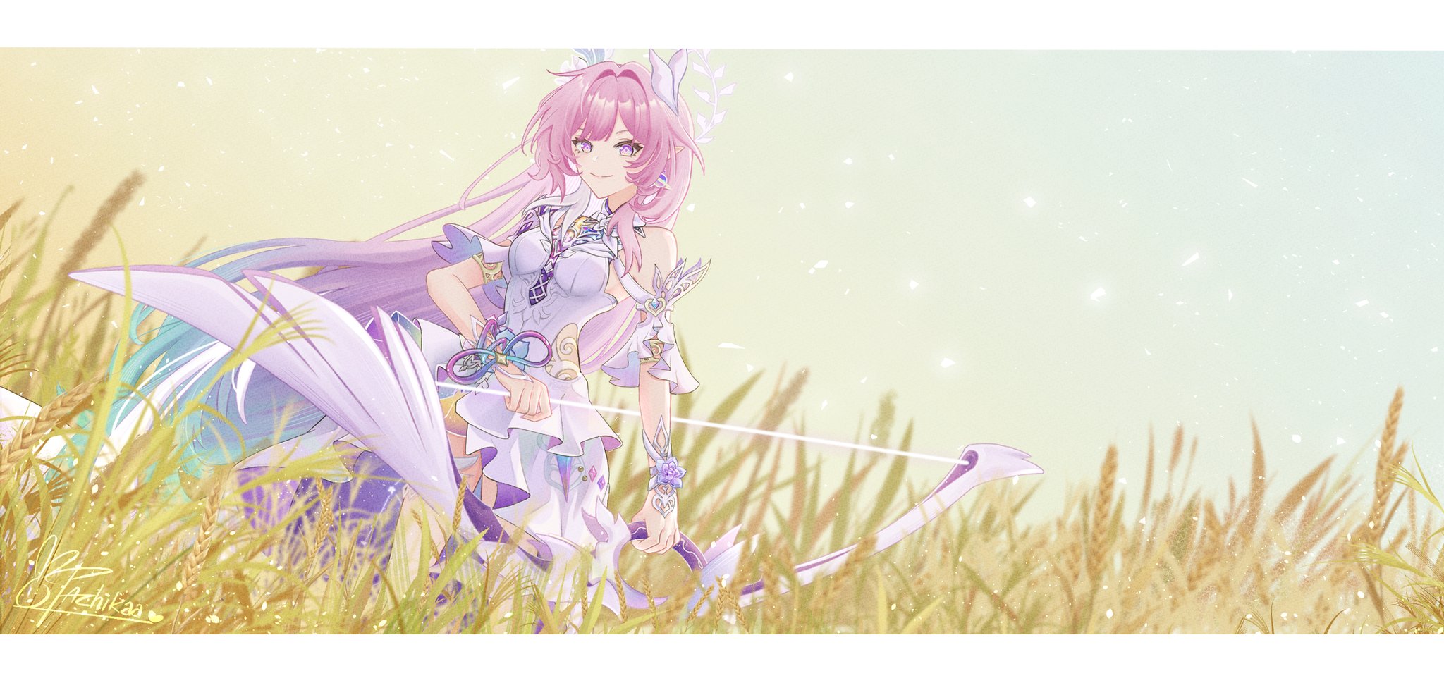 cyrene (honkai: star rail), cyrene (ripples of past reverie) (honkai: star rail), honkai: star rail, honkai (series), commentary, english commentary, highres, 1girl, bare shoulders, bow (weapon), breasts, diamond-shaped pupils, diamond (shape), dress, earrings, gradient hair, green hair, hair ornament, halo, holding, holding bow (weapon), holding weapon, jewelry, large breasts, leveilla, long hair, looking at viewer, multicolored hair, outdoors, pink hair, purple eyes, smile, solo, symbol-shaped pupils, very long hair, weapon, wheat, wheat field, white dress, white hair