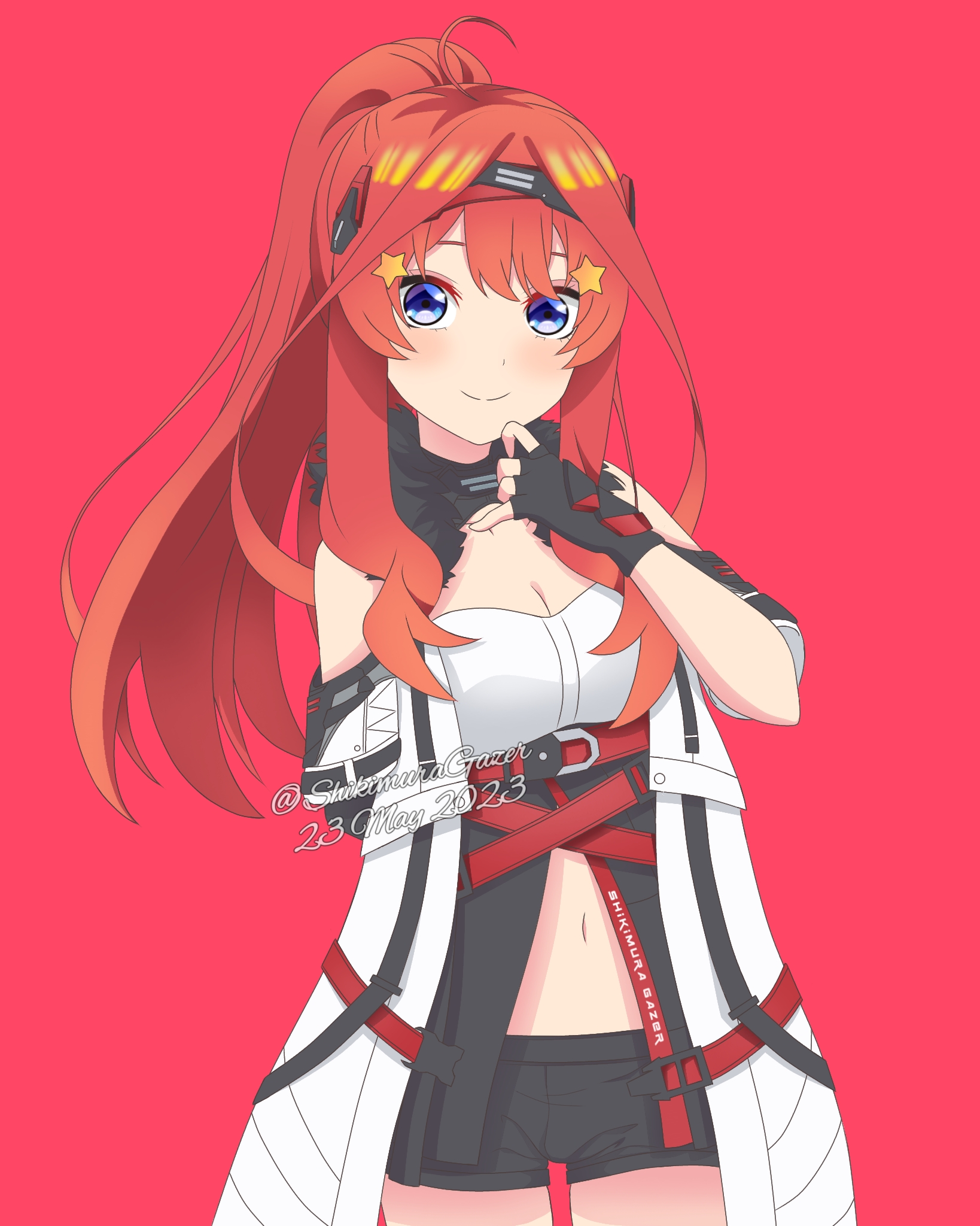shikimura gazer, nakano itsuki, go-toubun no hanayome, highres, 1girl, ahoge, bare shoulders, black gloves, blue eyes, blush, breasts, cleavage, closed mouth, dress, gloves, hair between eyes, hair ornament, looking at viewer, navel, off-shoulder shirt, off shoulder, ponytail, red background, red hair, shirt, sidelocks, smile, solo, star (symbol), star hair ornament