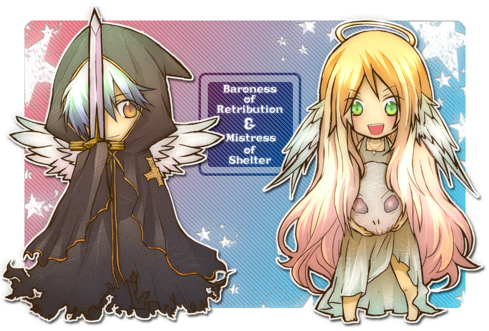 baroness of retribution, mistress of shelter, ragnarok online, commentary request, 1boy, 1girl, baroness of retribution (cosplay), black cloak, blonde hair, blue hair, blush, character name, cloak, closed mouth, cosplay, dress, feathered wings, full body, green eyes, grey dress, grey wings, hair over one eye, halo, head wings, holding, holding sword, holding weapon, hood, hood up, hooded cloak, long hair, mistress of shelter (cosplay), open mouth, short hair, smile, sword, traditional halo, very long hair, waka (shiroro), weapon, wings, yellow eyes, yellow halo