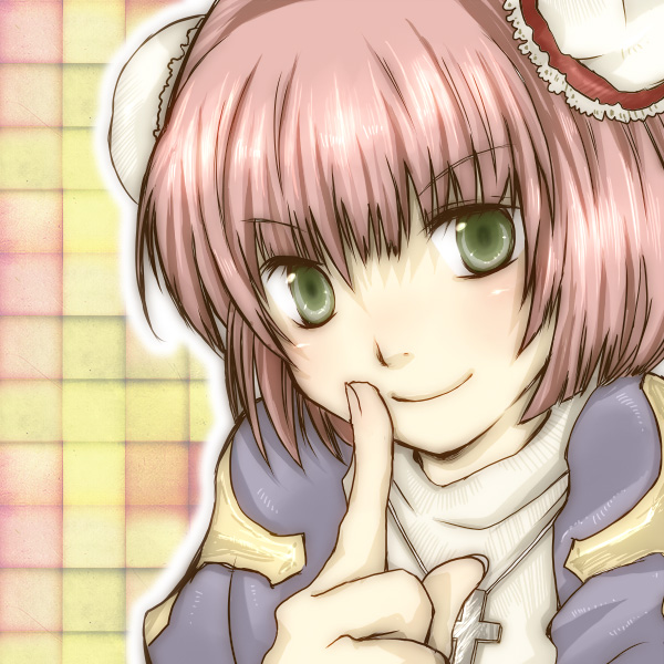 priest (ragnarok online), ragnarok online, commentary request, 1girl, blue dress, blush, bun cover, closed mouth, cross, cross necklace, double bun, dress, green eyes, grid background, hair bun, index finger raised, jewelry, looking at viewer, necklace, pink hair, short hair, smile, solo, v-shaped eyebrows, waka (shiroro), yellow background