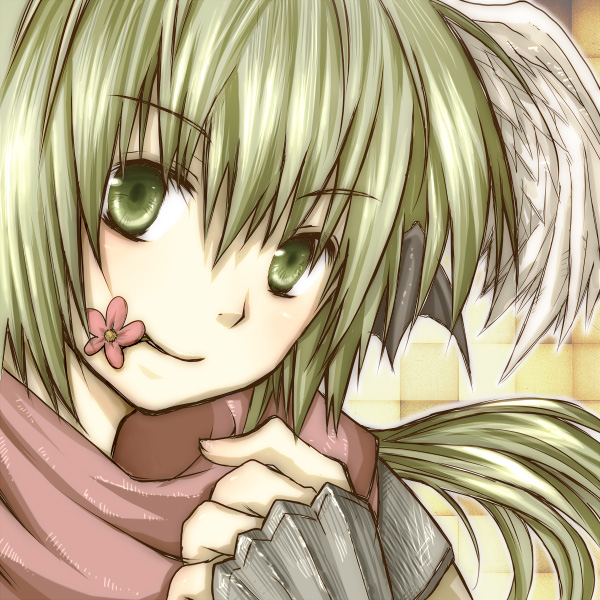 assassin cross (ragnarok online), ragnarok online, commentary request, 1girl, black wings, closed mouth, demon wings, feathered wings, flower, green eyes, green hair, head wings, long hair, pink flower, pink scarf, portrait, scarf, smile, solo, waka (shiroro), wings, yellow background