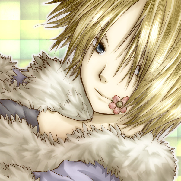 stalker (ragnarok online), ragnarok online, commentary request, 1boy, blonde hair, blue jacket, closed mouth, flower, flower in mouth, fur-trimmed jacket, fur trim, grey eyes, jacket, looking at viewer, male focus, pink flower, portrait, smile, solo, waka (shiroro)