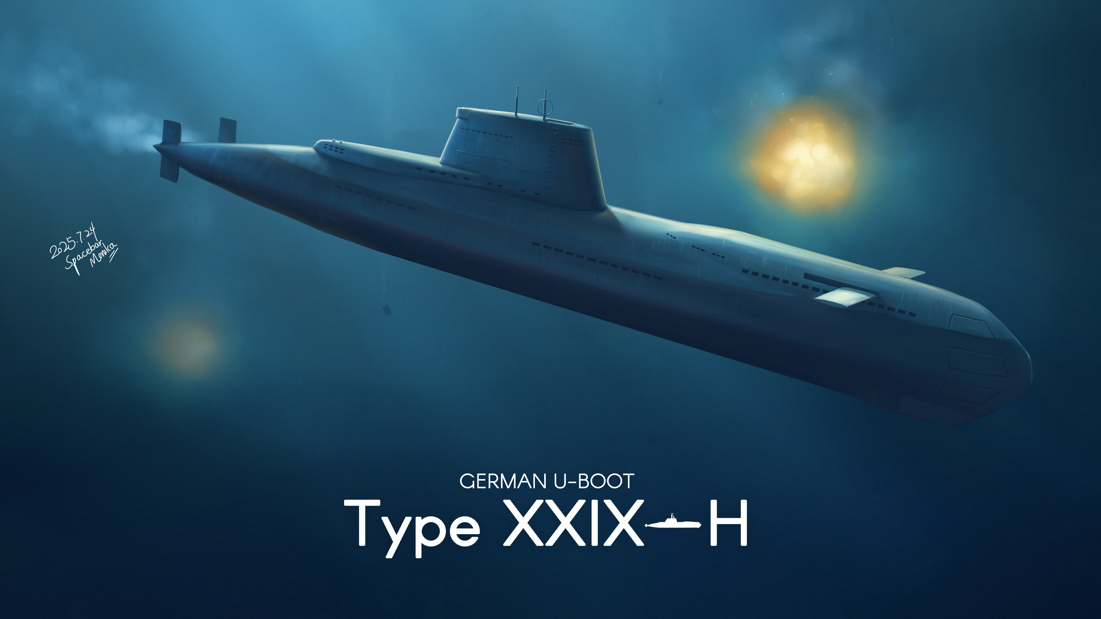 spacebar hobby, original, absurdres, commentary, commentary request, commission, english commentary, highres, mixed-language commentary, pixiv commission, dated, depth charge, english text, explosion, kriegsmarine, military, military vehicle, no humans, ship, signature, submarine, underwater, vehicle focus, warship, watercraft, world war ii