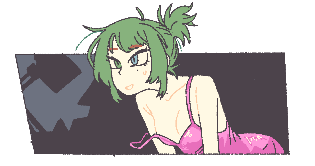 farfinfarfin, takagaki kaede, idolmaster, idolmaster cinderella girls, commentary, english commentary, 1girl, bent over, blue eyes, breasts, cleavage, dress, green eyes, green hair, heterochromia, mole, mole under eye, pink dress, ponytail, short ponytail, small breasts, solo, strap slip