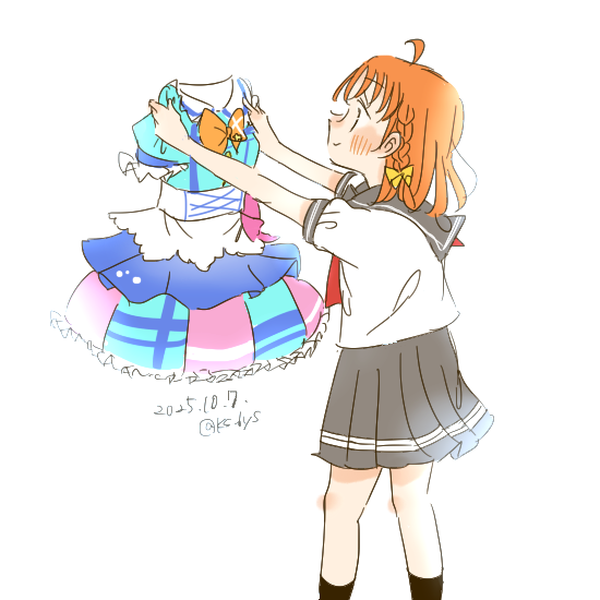 kase (ks lys), takami chika, love live!, love live! sunshine!!, 1girl, ahoge, black socks, blue dress, bow, bowtie, braid, dated, dress, feet out of frame, frilled dress, frills, grey sailor collar, grey skirt, holding, holding unworn clothes, holding unworn dress, kimi no kokoro wa kagayaiteru kai?, medium hair, miniskirt, neckerchief, orange bow, orange bowtie, orange hair, pleated skirt, profile, puffy short sleeves, puffy sleeves, red neckerchief, sailor collar, school uniform, serafuku, shirt, short sleeves, side braid, simple background, skirt, socks, solo, summer uniform, twitter username, unworn dress, uranohoshi school uniform, white background, white shirt