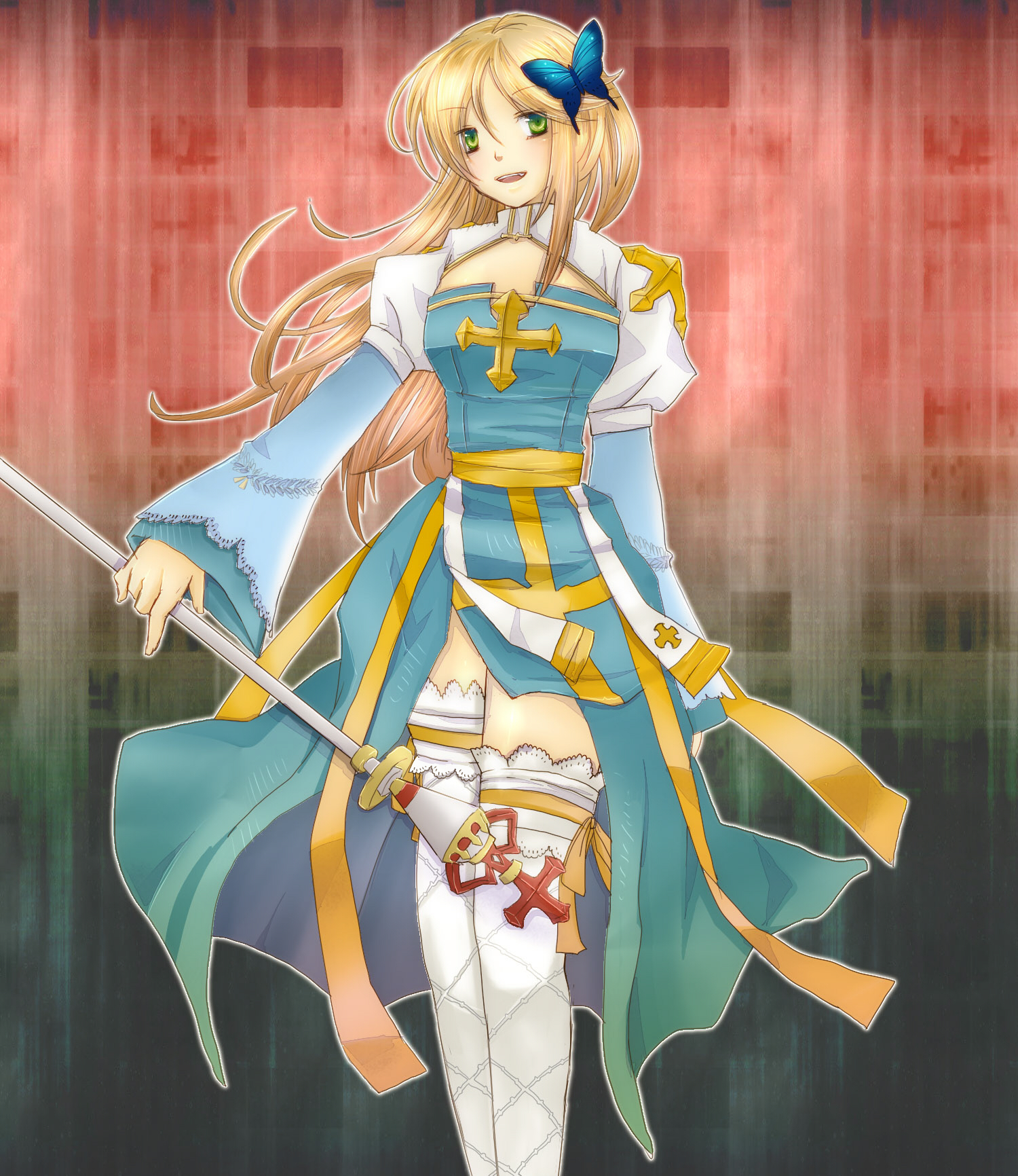 arch bishop (ragnarok online), ragnarok online, commentary request, highres, 1girl, blonde hair, blue dress, blush, breasts, butterfly hair ornament, cleavage cutout, clothing cutout, crosier, cross, dress, feet out of frame, fishnet thighhighs, fishnets, frilled thighhighs, frills, gradient background, green background, green eyes, hair ornament, holding, holding staff, juliet sleeves, long hair, long sleeves, looking at viewer, medium breasts, open mouth, puffy sleeves, red background, sash, smile, solo, staff, standing, thighhighs, two-tone dress, waka (shiroro), white dress, white thighhighs, yellow sash