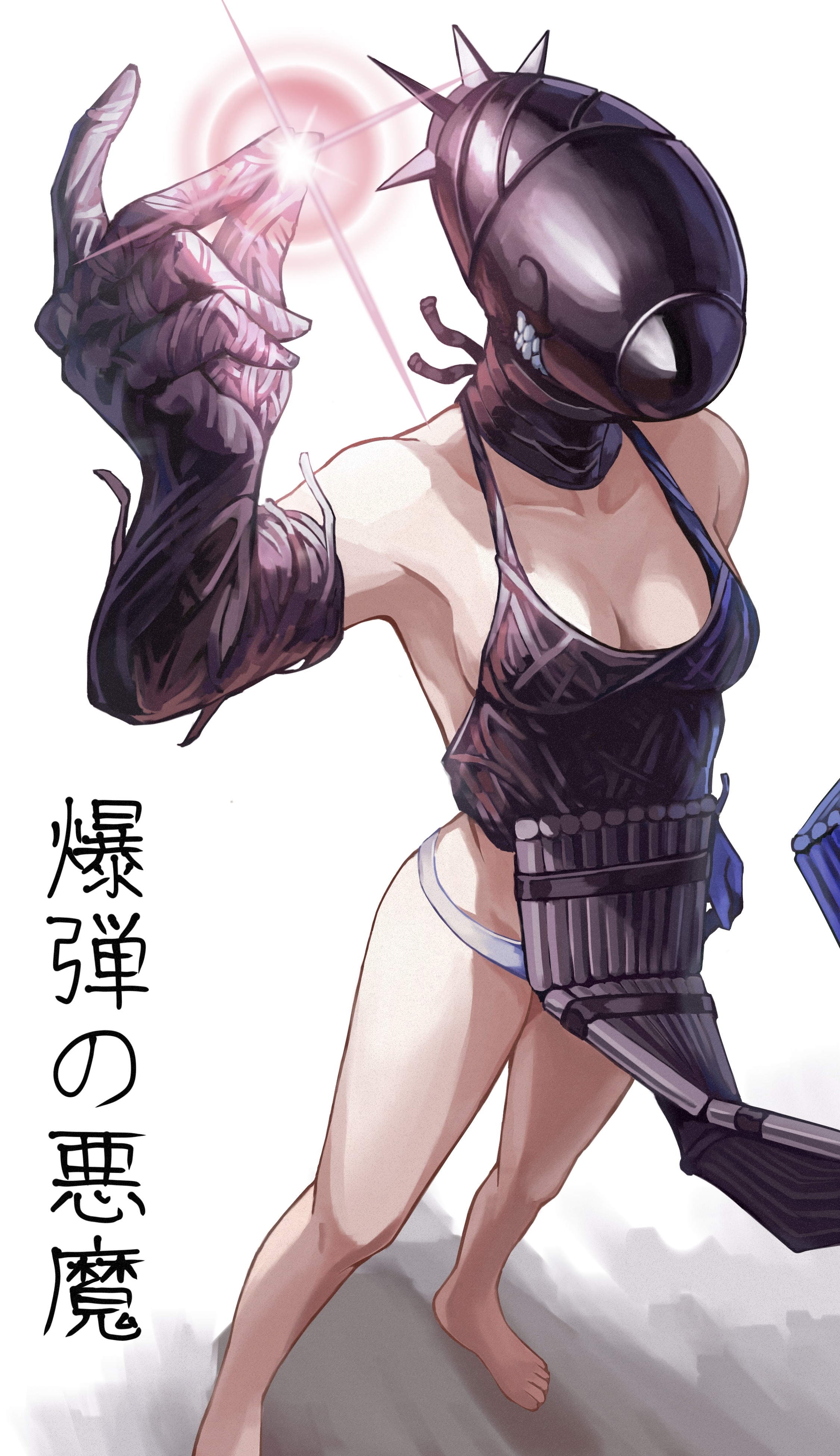 sachihiro, bomb devil (chainsaw man), chainsaw man, absurdres, highres, translation request, 1girl, apron, barefoot, black apron, black gloves, breasts, dynamite, elbow gloves, explosive, gloves, imminent attack, object head, panties, small breasts, solo, standing, underwear, white background, white panties