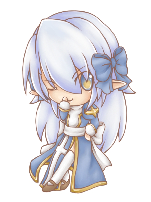 lunaraven, high priest (ragnarok online), ragnarok online, commentary request, 1girl, alternate color, back bow, blue bow, blue dress, blue eyes, blue hair, bow, brown shoes, chibi, closed mouth, covering own mouth, dress, full body, hair bow, hand over own mouth, juliet sleeves, long hair, long sleeves, looking at viewer, mary janes, one eye closed, pointy ears, puffy sleeves, sash, shoes, simple background, smile, solo, thighhighs, two-tone dress, white background, white bow, white dress, white sash, white thighhighs, yellow pupils